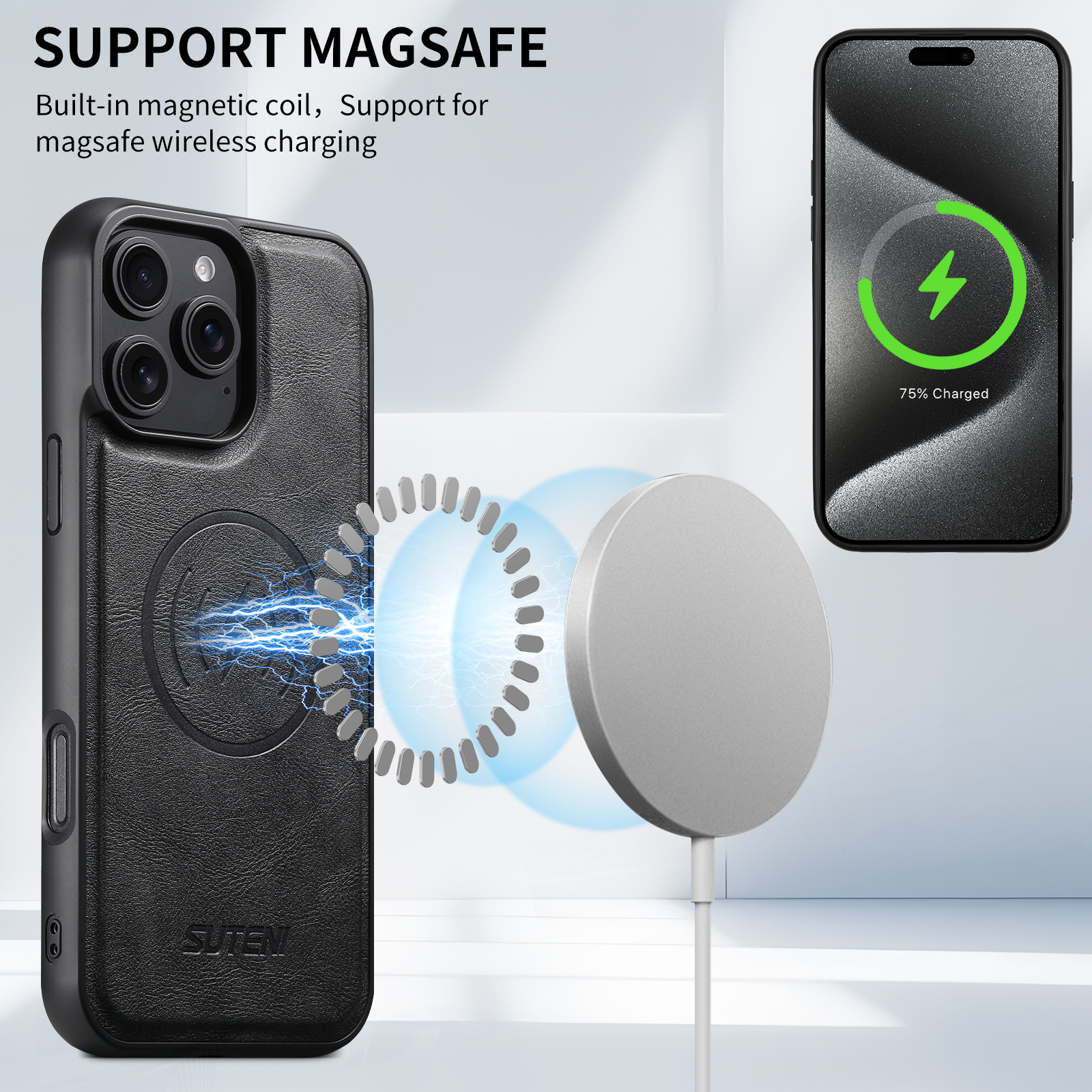 SUTENI G5 Frosted Feel PU Leather Magnet Wireless Charging Phone Case For iPhone 16 Pro Max 15 Plus 14 Pro 13 12