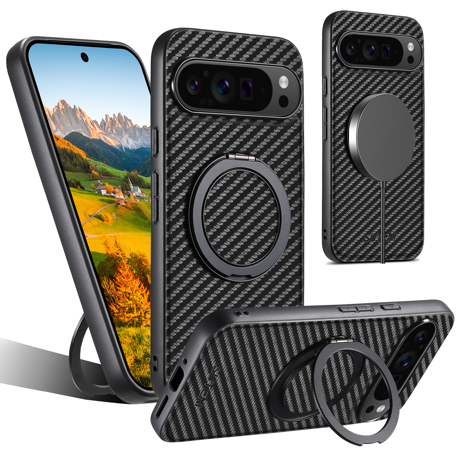 Suteni G3TXW PU Leather Mobile Phone Case Magnet Wireless Charging 360° Rotating Stand Ring Buckle For Google Pixel 9XL 8Pro 7A 6