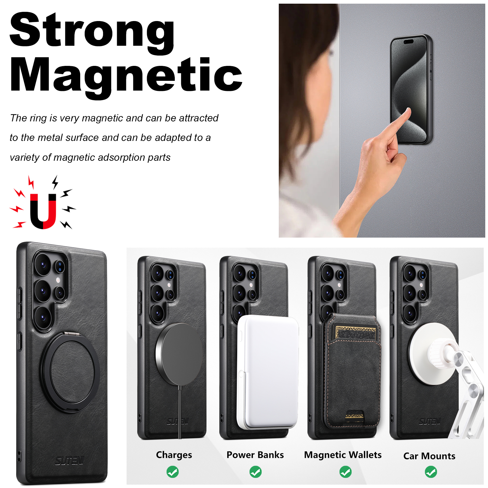 SUTENI G3YL Magnet Wireless Charging Phone Case Oil Wax PU Leather 360° Rotating Stand Buckle For Samsung Galaxy S25Ultra S24 S23 S22