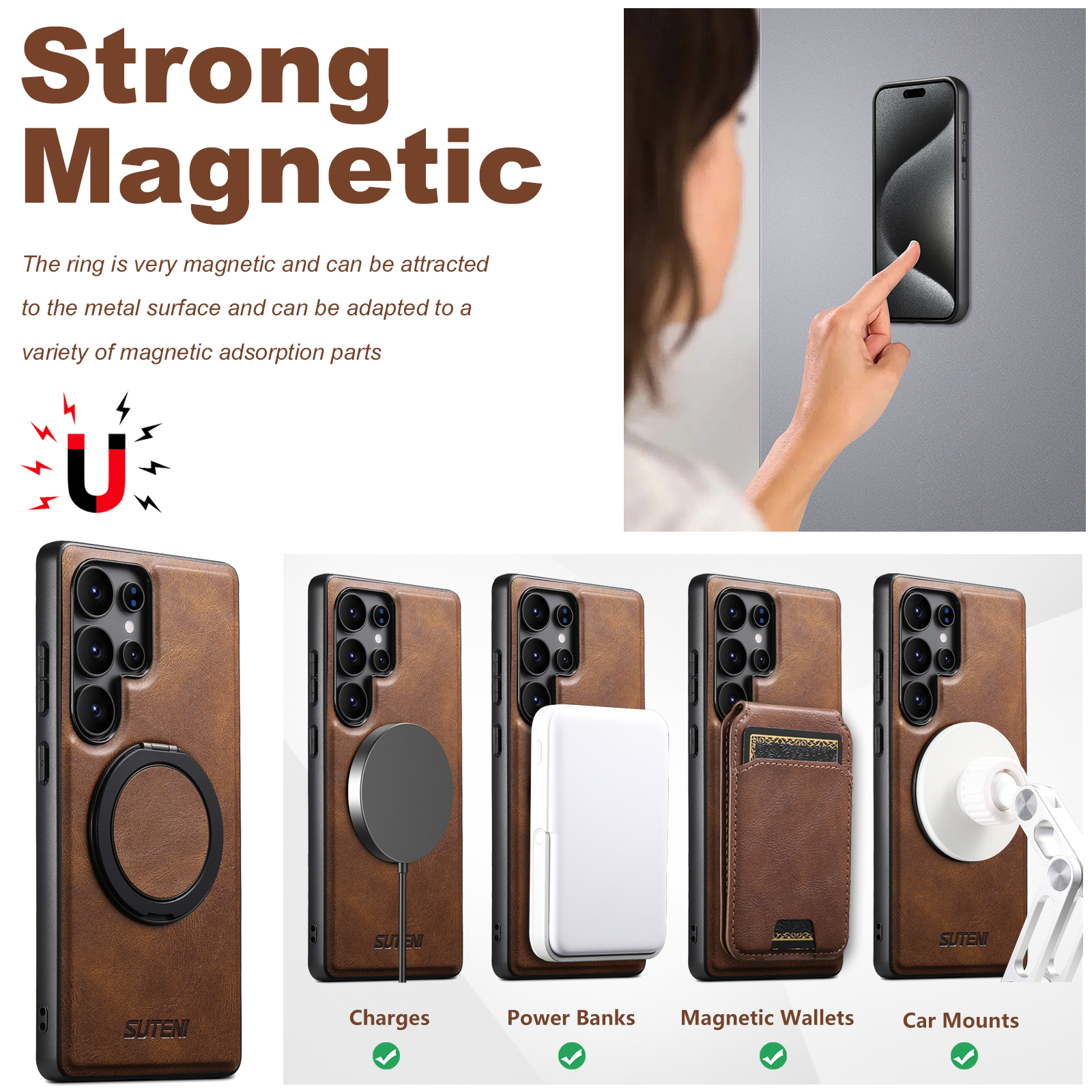 SUTENI G3YL Magnet Wireless Charging Phone Case Oil Wax PU Leather 360° Rotating Stand Buckle For Samsung Galaxy S25Ultra S24 S23 S22