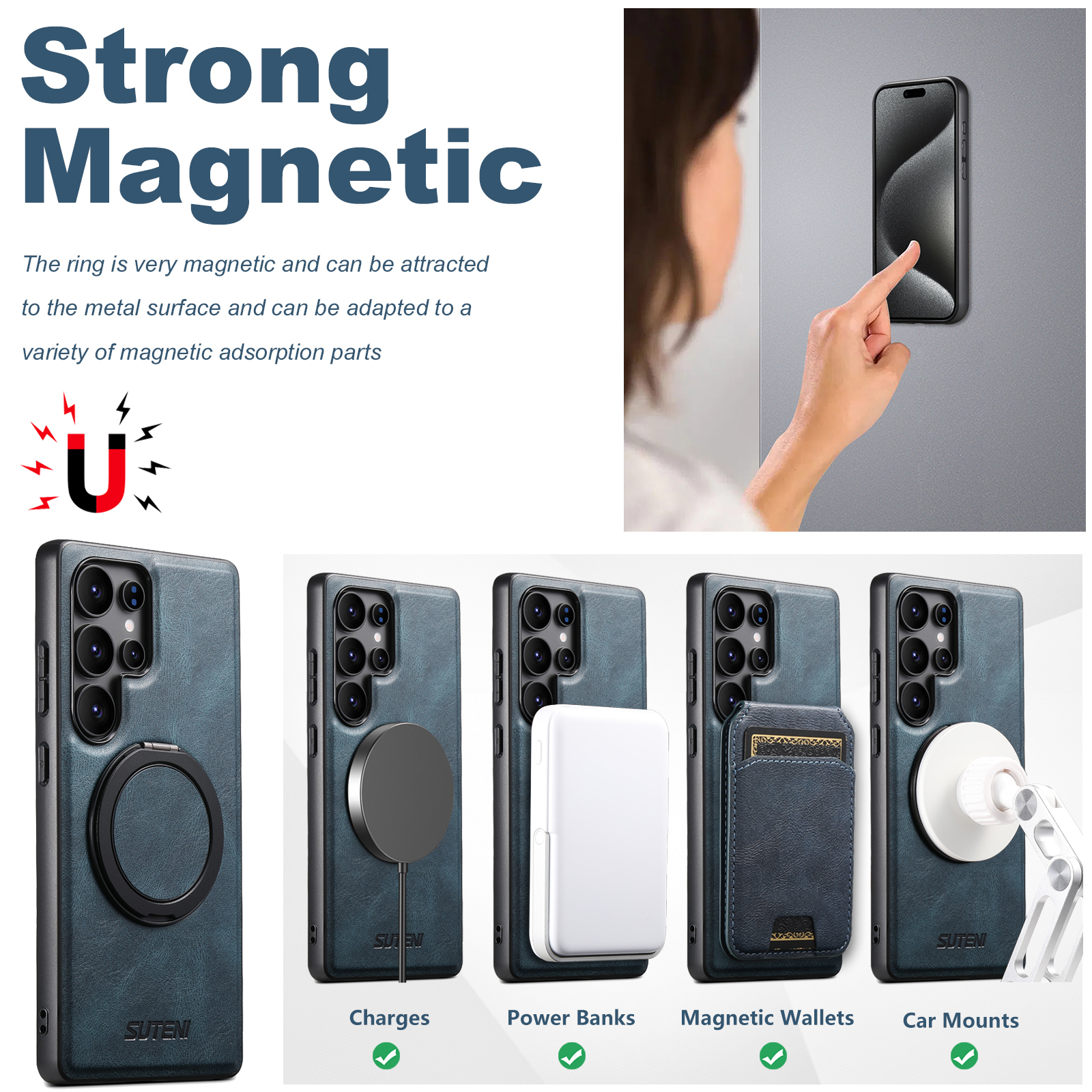 SUTENI G3YL Magnet Wireless Charging Phone Case Oil Wax PU Leather 360° Rotating Stand Buckle For Samsung Galaxy S25Ultra S24 S23 S22