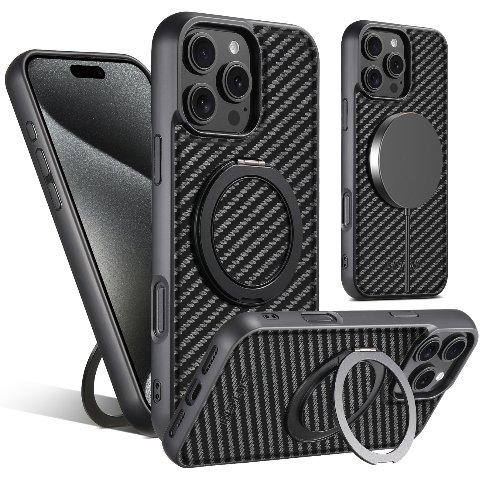Suteni G3TXW Magnet Wireless Charging Mobile Phone Case 360° Rotating Stand PU Leather Ring Buckle For iPhone 16 Pro Max 15 Plus 14 13 12