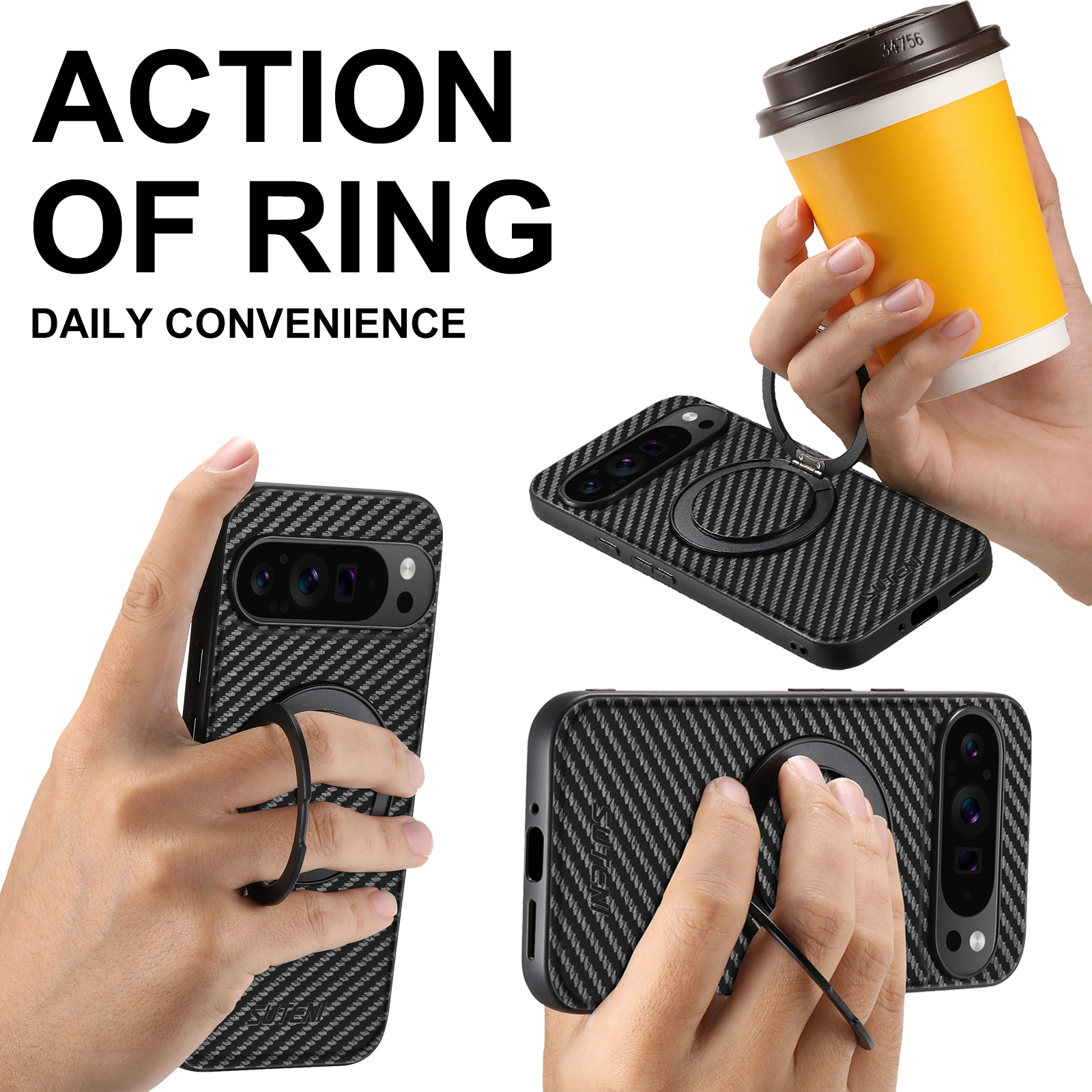 Suteni G3TXW PU Leather Mobile Phone Case Magnet Wireless Charging 360° Rotating Stand Ring Buckle For Google Pixel 9XL 8Pro 7A 6