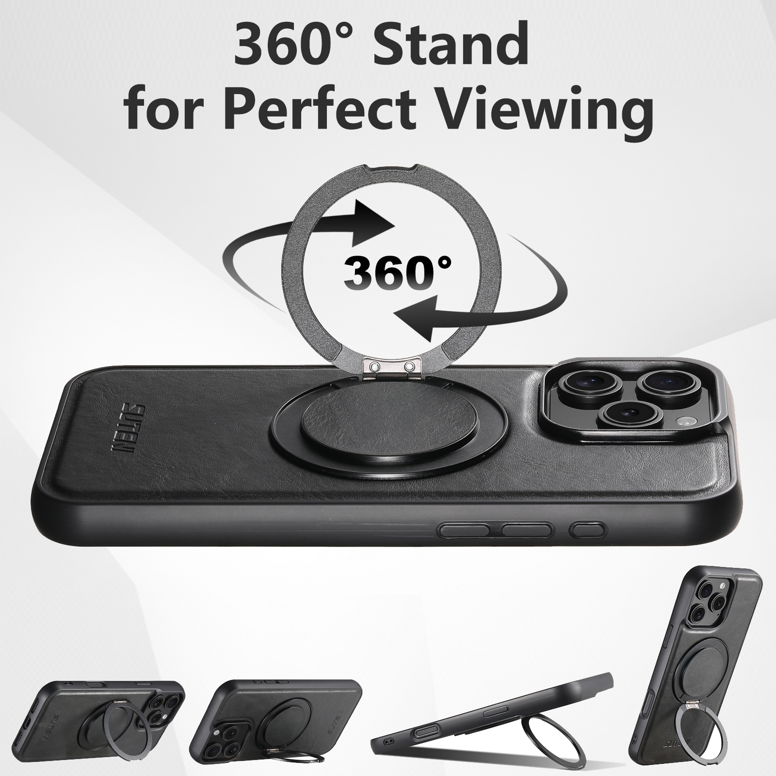 SUTENI G3YL Oil Wax PU Leather Wireless Charging Phone Case 360° Rotating Stand Buckle For iPhone 16 Pro Max 15 Plus 14 Pro 13 12