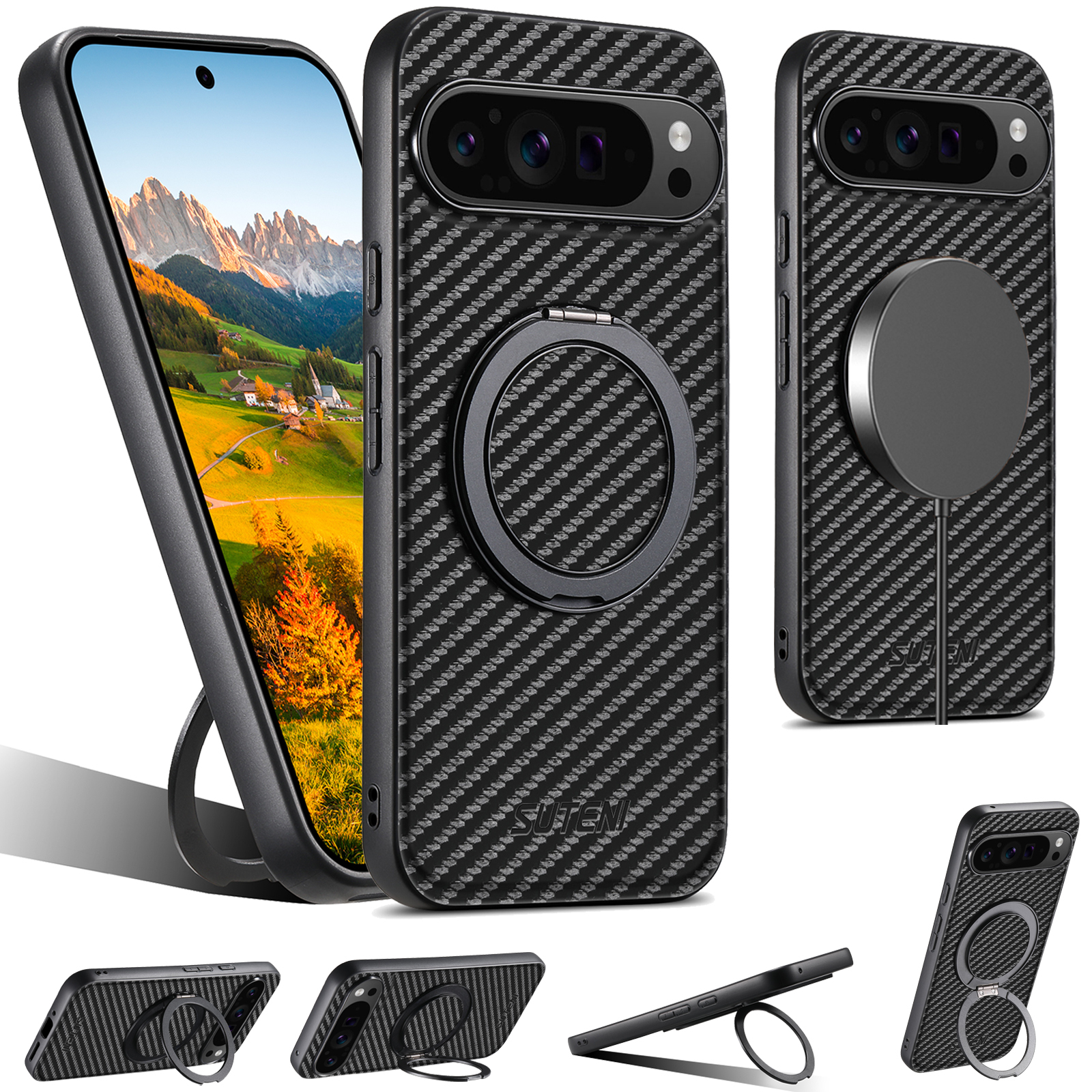Suteni G3TXW PU Leather Mobile Phone Case Magnet Wireless Charging 360° Rotating Stand Ring Buckle For Google Pixel 9XL 8Pro 7A 6
