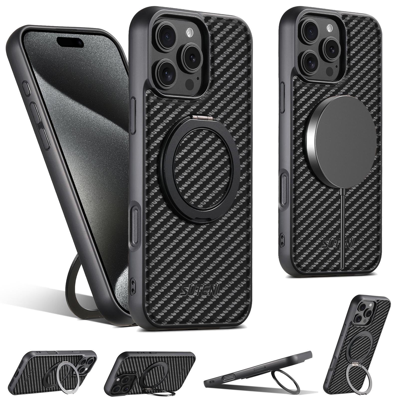 Suteni G3TXW Magnet Wireless Charging Mobile Phone Case 360° Rotating Stand PU Leather Ring Buckle For iPhone 16 Pro Max 15 Plus 14 13 12