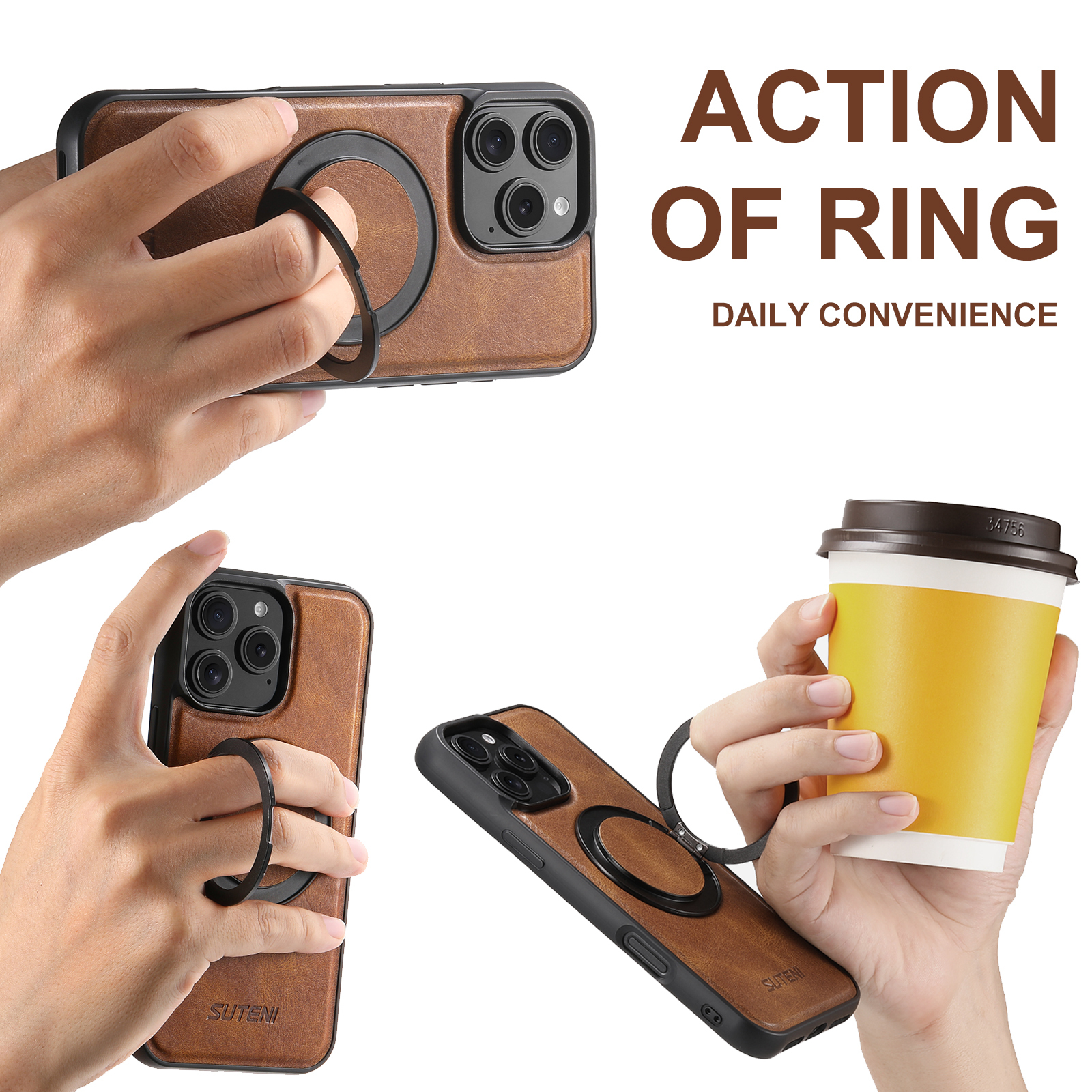 SUTENI G3YL Oil Wax PU Leather Wireless Charging Phone Case 360° Rotating Stand Buckle For iPhone 16 Pro Max 15 Plus 14 Pro 13 12