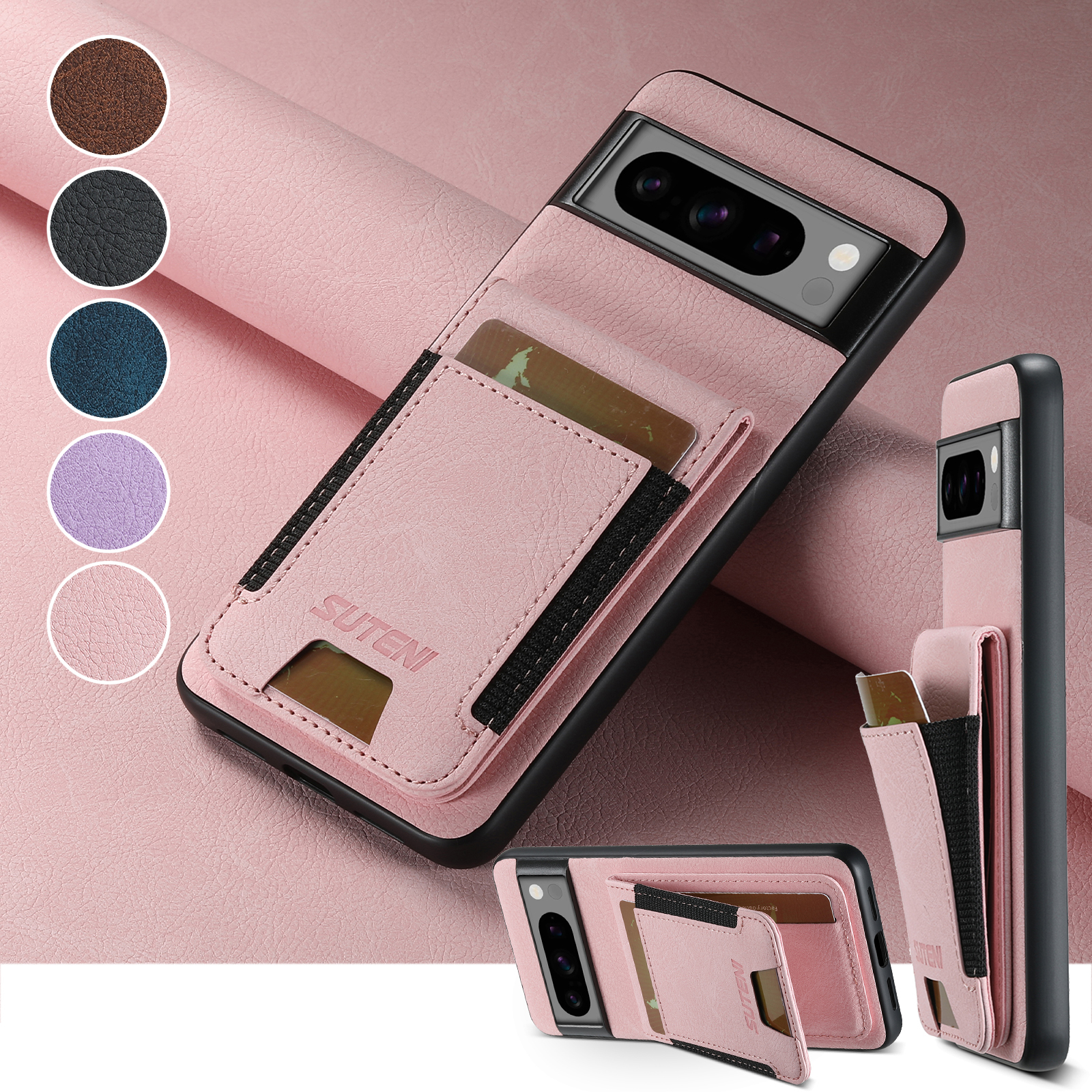 SUTENI H03LZ Luxury Faux Leather Card Holder Stand Phone Case Frosted Feel For Google Pixel 10ProXL 9 8A 7 6
