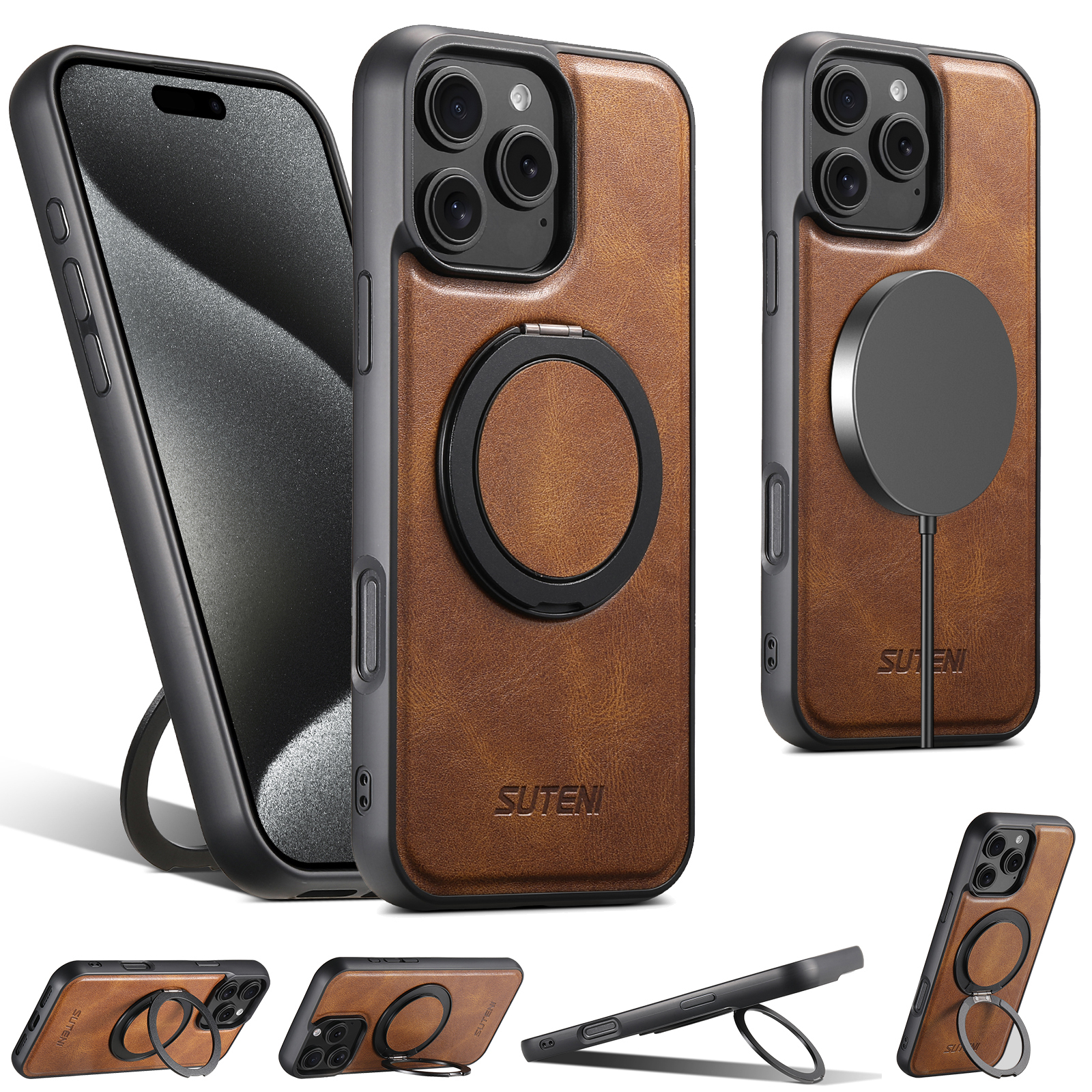 SUTENI G3YL Oil Wax PU Leather Wireless Charging Phone Case 360° Rotating Stand Buckle For iPhone 16 Pro Max 15 Plus 14 Pro 13 12