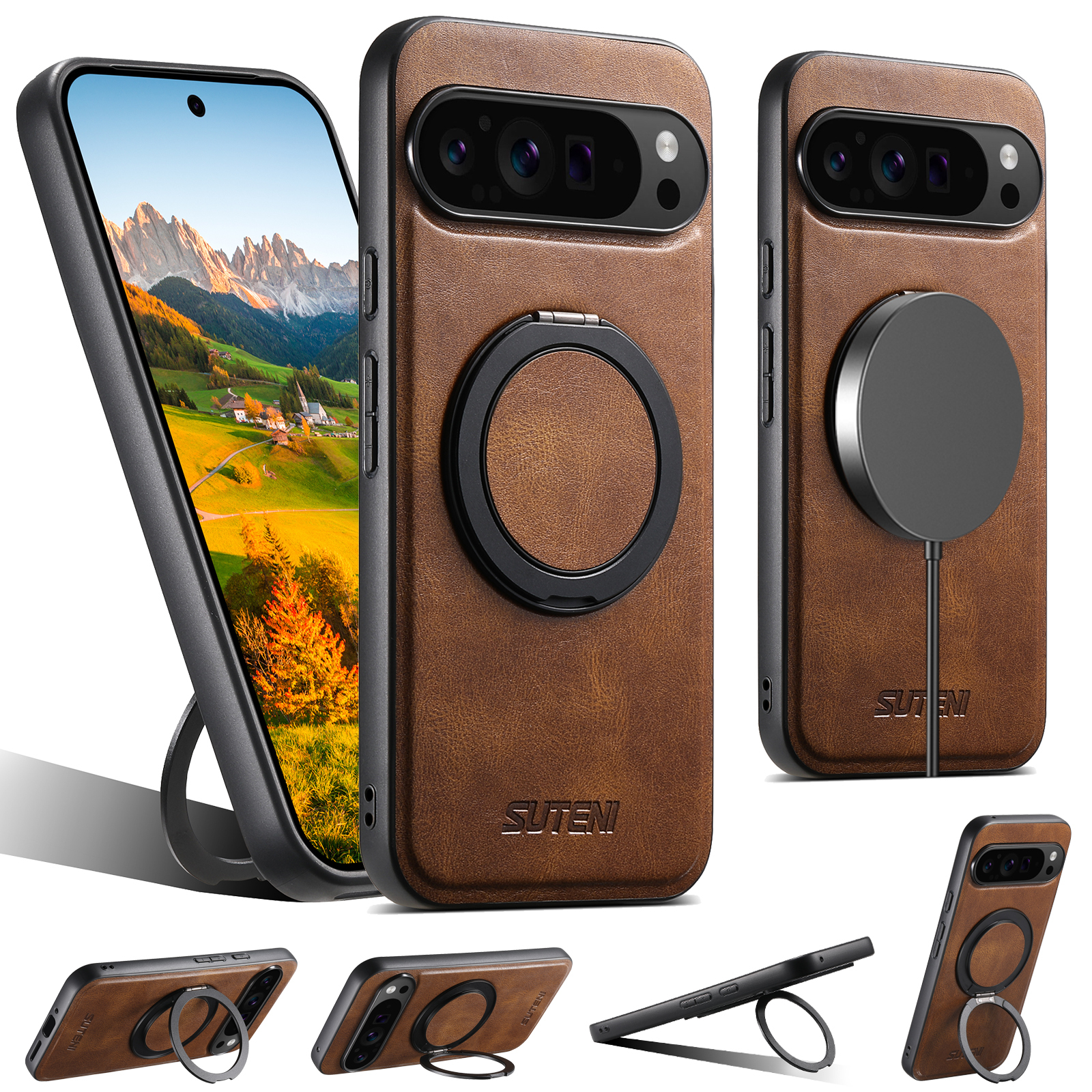 SUTENI G3YL PU Leather Oil Wax Magnet Wireless Charging Phone Case 360° Rotating Stand Buckle For Google Pixel 9XL 8Pro 7A 6