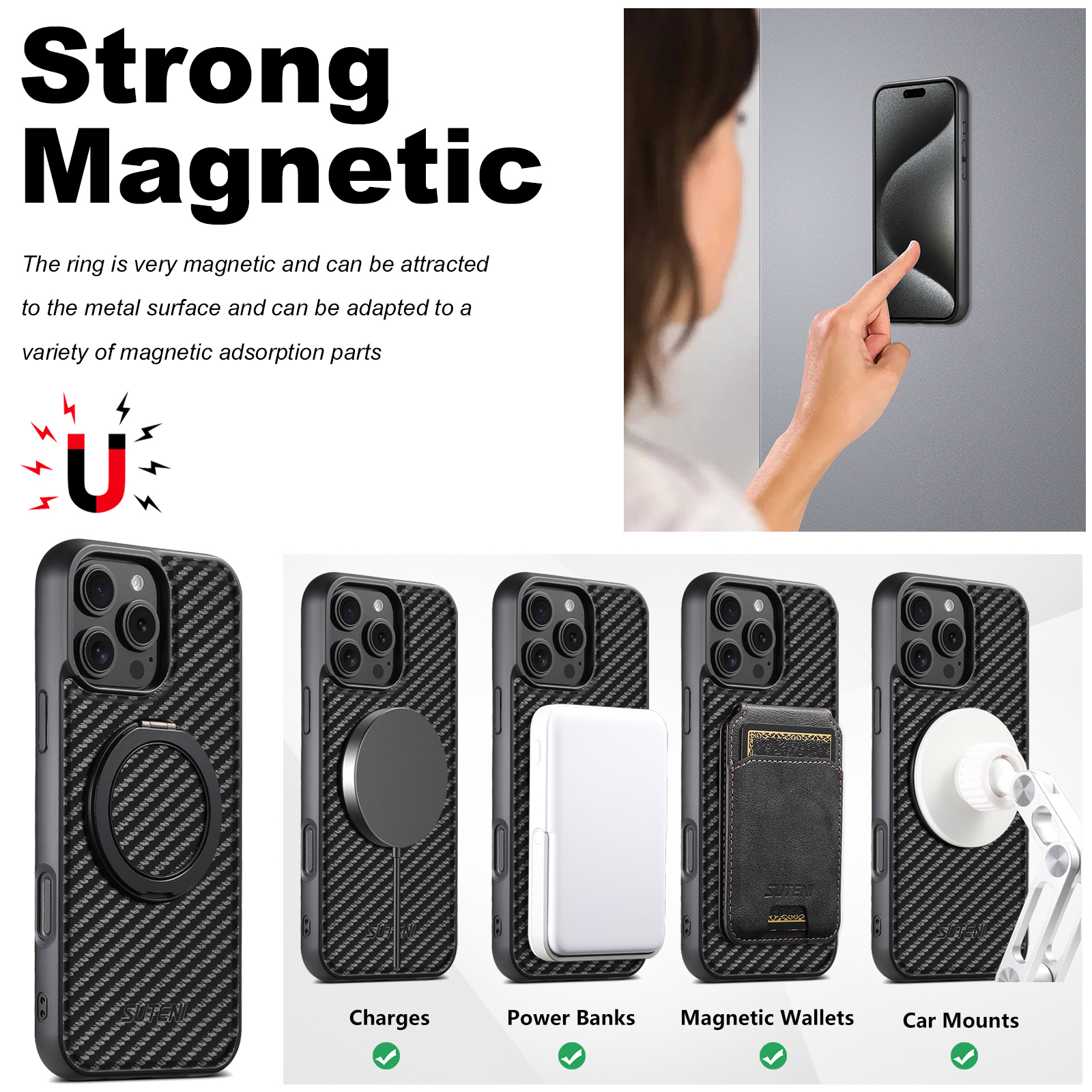 Suteni G3TXW Magnet Wireless Charging Mobile Phone Case 360° Rotating Stand PU Leather Ring Buckle For iPhone 16 Pro Max 15 Plus 14 13 12
