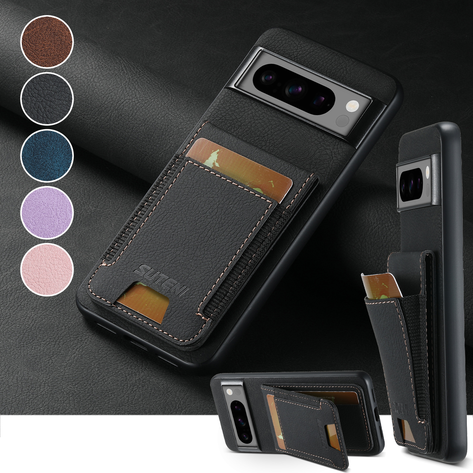SUTENI H03LZ Luxury PU Leather Card Holder Stand Phone Case Frosted Feel For Google Pixel 9XL 8Pro 7A 6