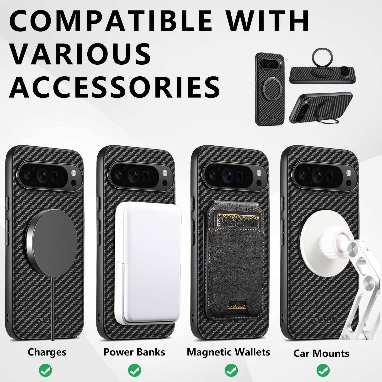 Suteni G3TXW PU Leather Mobile Phone Case Magnet Wireless Charging 360° Rotating Stand Ring Buckle For Google Pixel 9XL 8Pro 7A 6