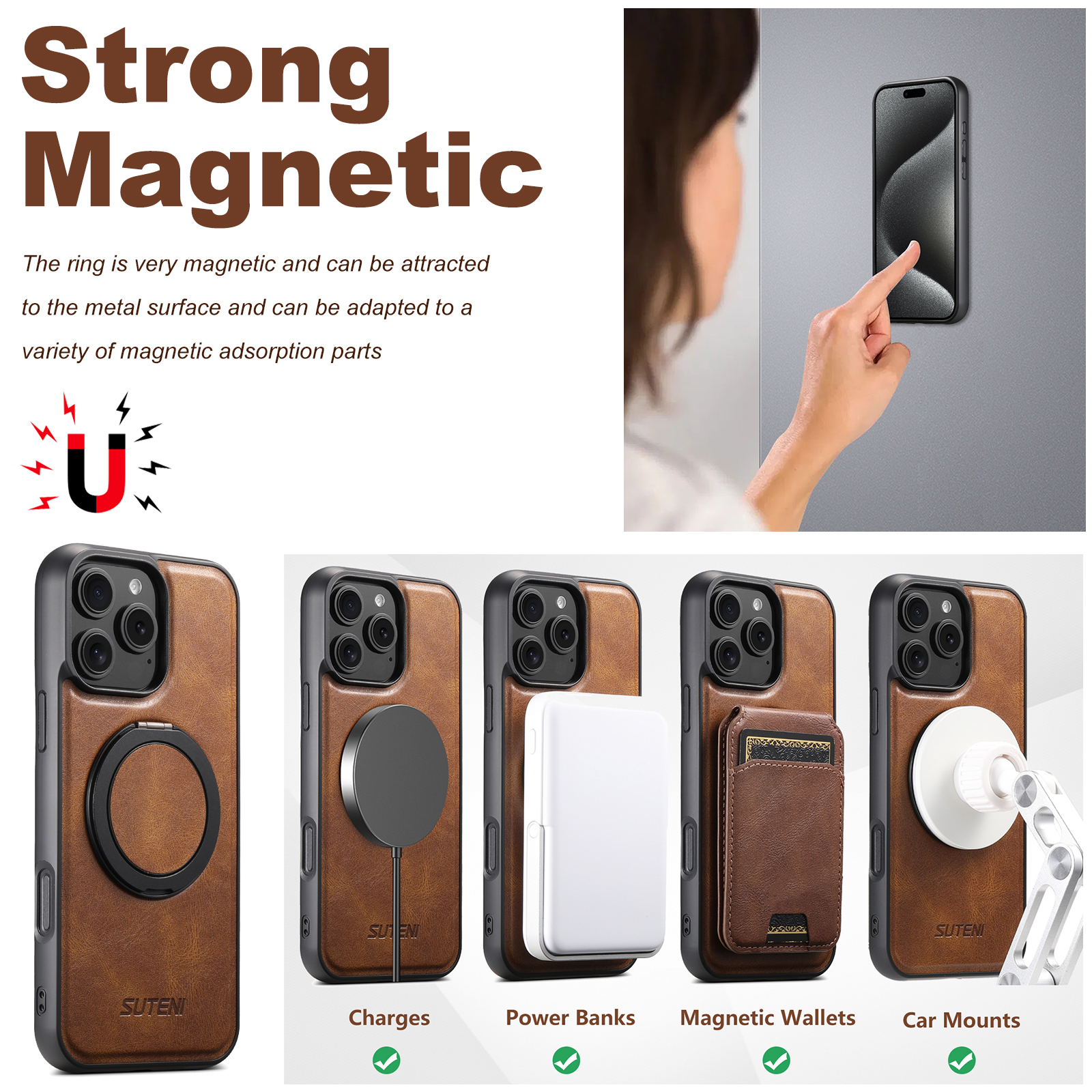 SUTENI G3YL Oil Wax PU Leather Wireless Charging Phone Case 360° Rotating Stand Buckle For iPhone 16 Pro Max 15 Plus 14 Pro 13 12
