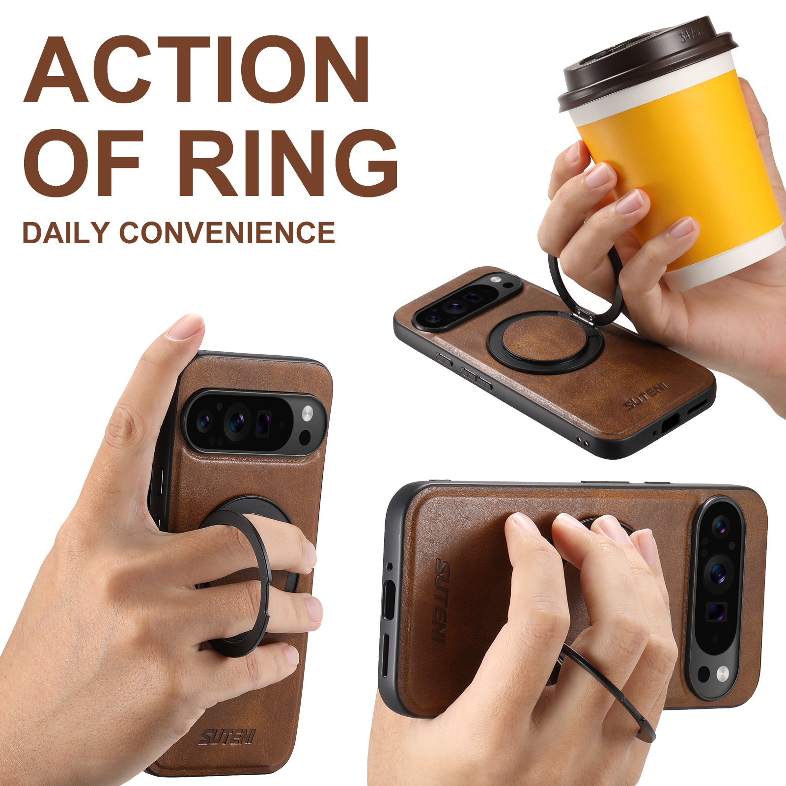 SUTENI G3YL PU Leather Oil Wax Magnet Wireless Charging Phone Case 360° Rotating Stand Buckle For Google Pixel 9XL 8Pro 7A 6