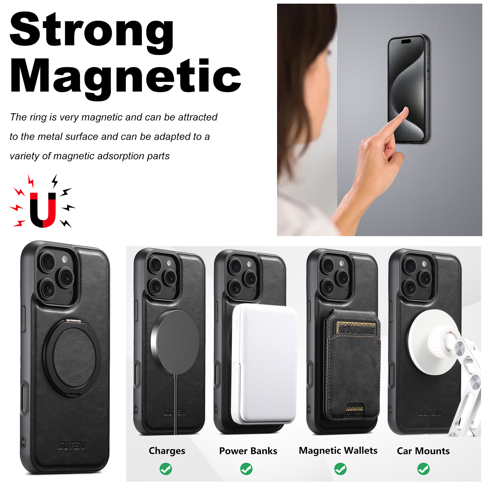SUTENI G3YL Oil Wax PU Leather Wireless Charging Phone Case 360° Rotating Stand Buckle For iPhone 16 Pro Max 15 Plus 14 Pro 13 12