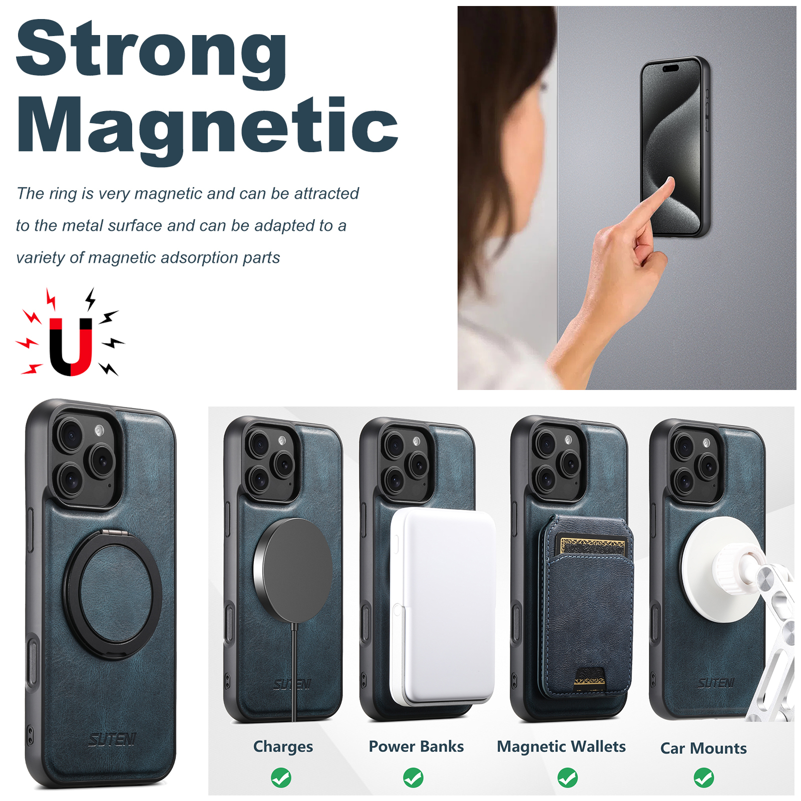 SUTENI G3YL Oil Wax PU Leather Wireless Charging Phone Case 360° Rotating Stand Buckle For iPhone 16 Pro Max 15 Plus 14 Pro 13 12