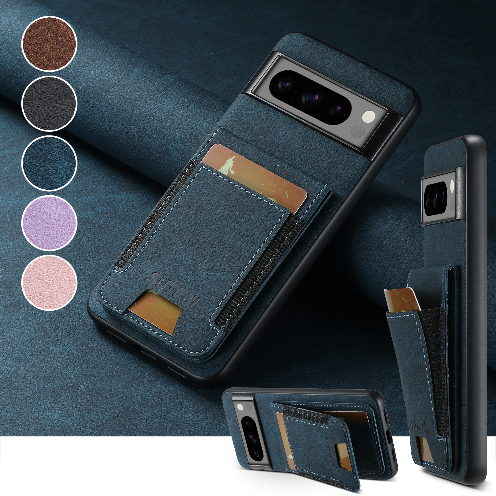 SUTENI H03LZ Luxury PU Leather Card Holder Stand Phone Case Frosted Feel For Google Pixel 9XL 8Pro 7A 6