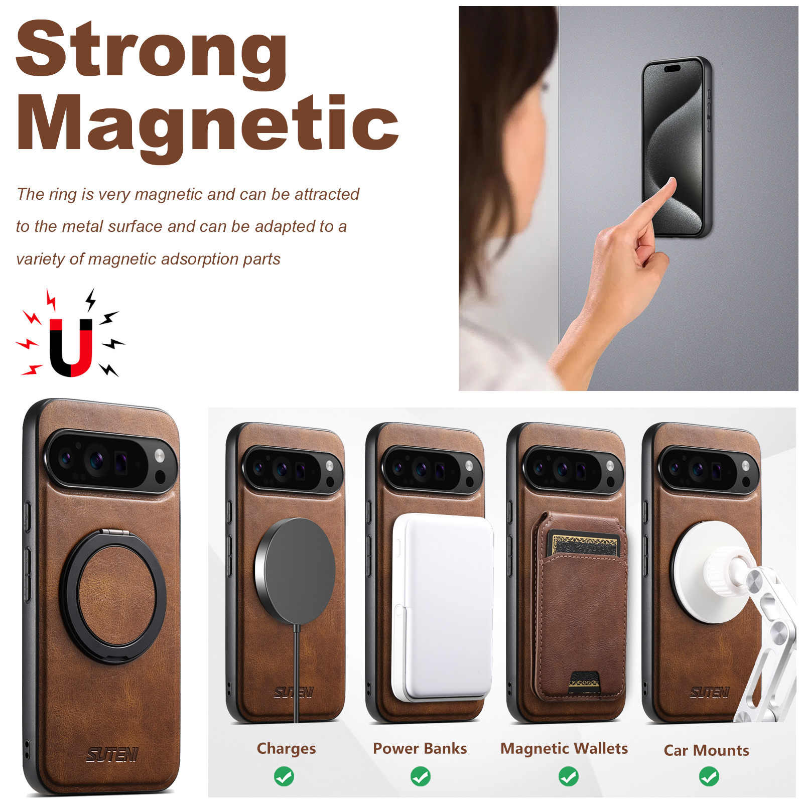 SUTENI G3YL PU Leather Oil Wax Magnet Wireless Charging Phone Case 360° Rotating Stand Buckle For Google Pixel 9XL 8Pro 7A 6