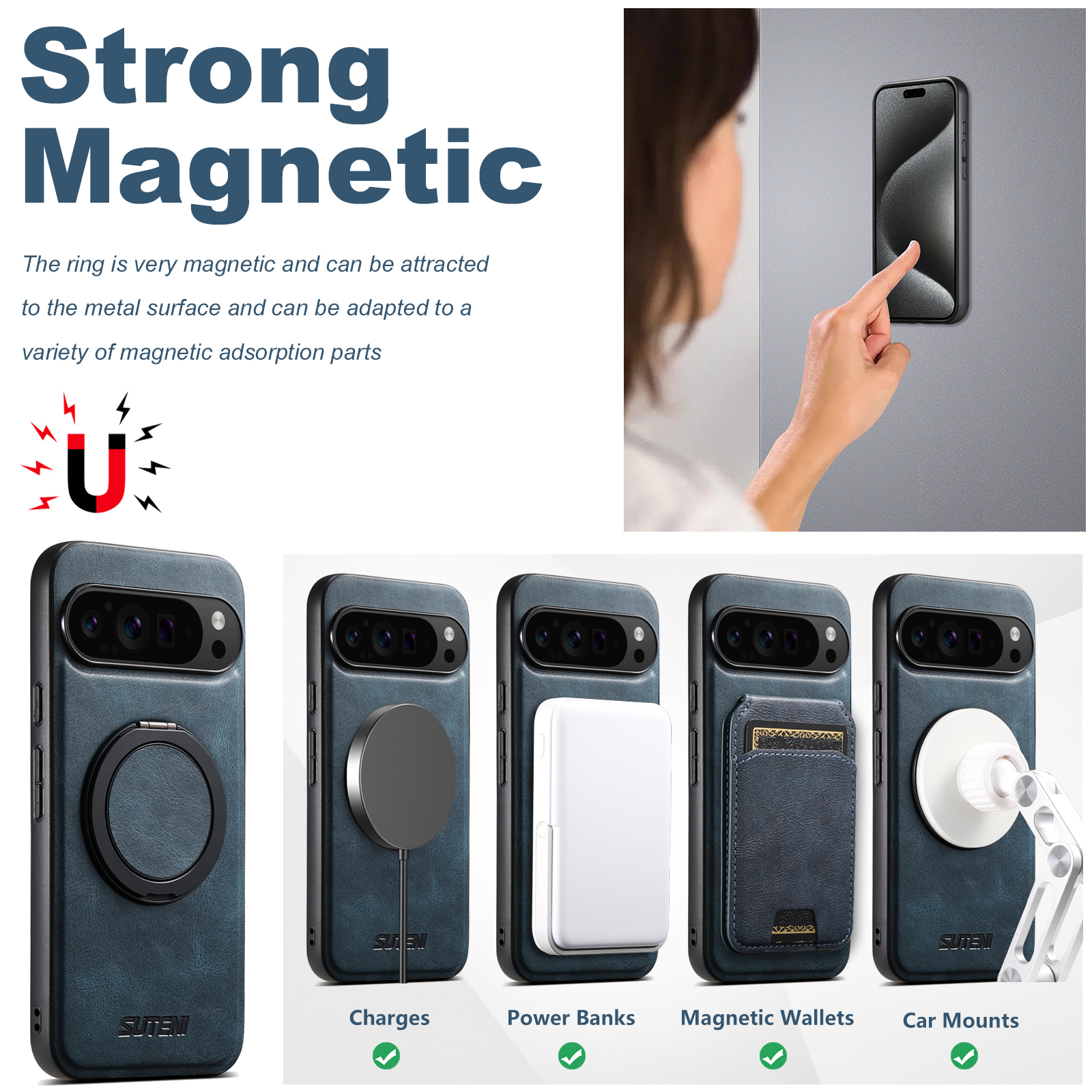 SUTENI G3YL PU Leather Oil Wax Magnet Wireless Charging Phone Case 360° Rotating Stand Buckle For Google Pixel 9XL 8Pro 7A 6