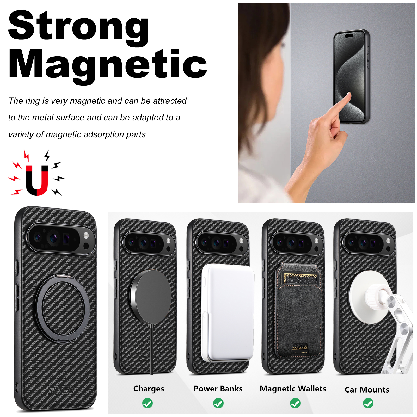 Suteni G3TXW PU Leather Mobile Phone Case Magnet Wireless Charging 360° Rotating Stand Ring Buckle For Google Pixel 9XL 8Pro 7A 6