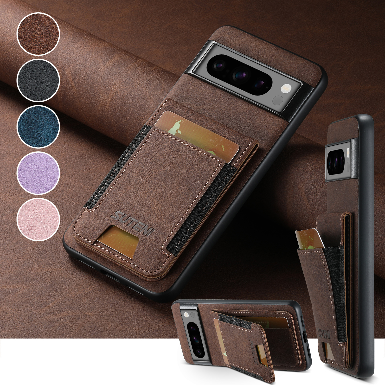SUTENI H03LZ Luxury PU Leather Card Holder Stand Phone Case Frosted Feel For Google Pixel 9XL 8Pro 7A 6