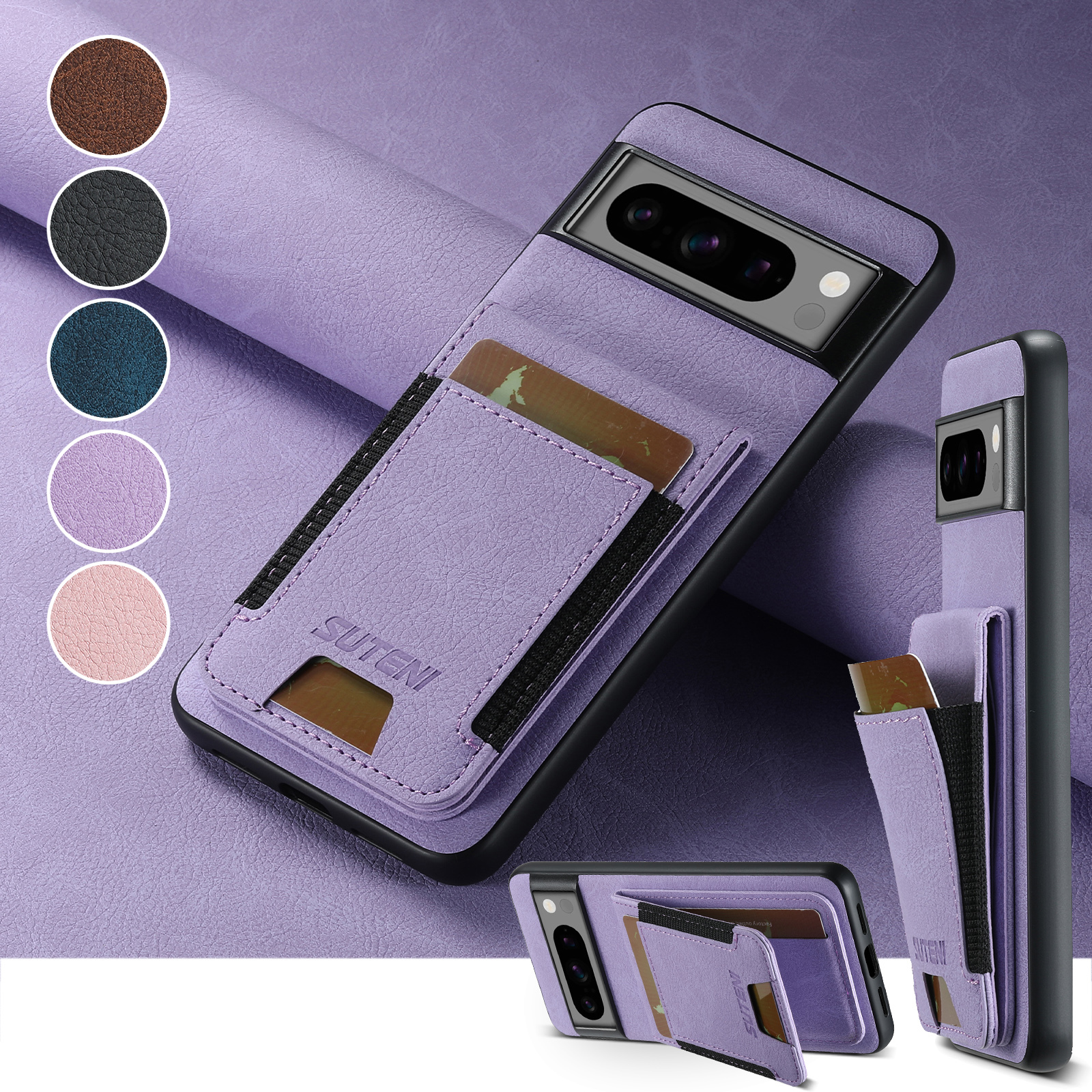 SUTENI H03LZ Luxury Faux Leather Card Holder Stand Phone Case Frosted Feel For Google Pixel 10ProXL 9 8A 7 6