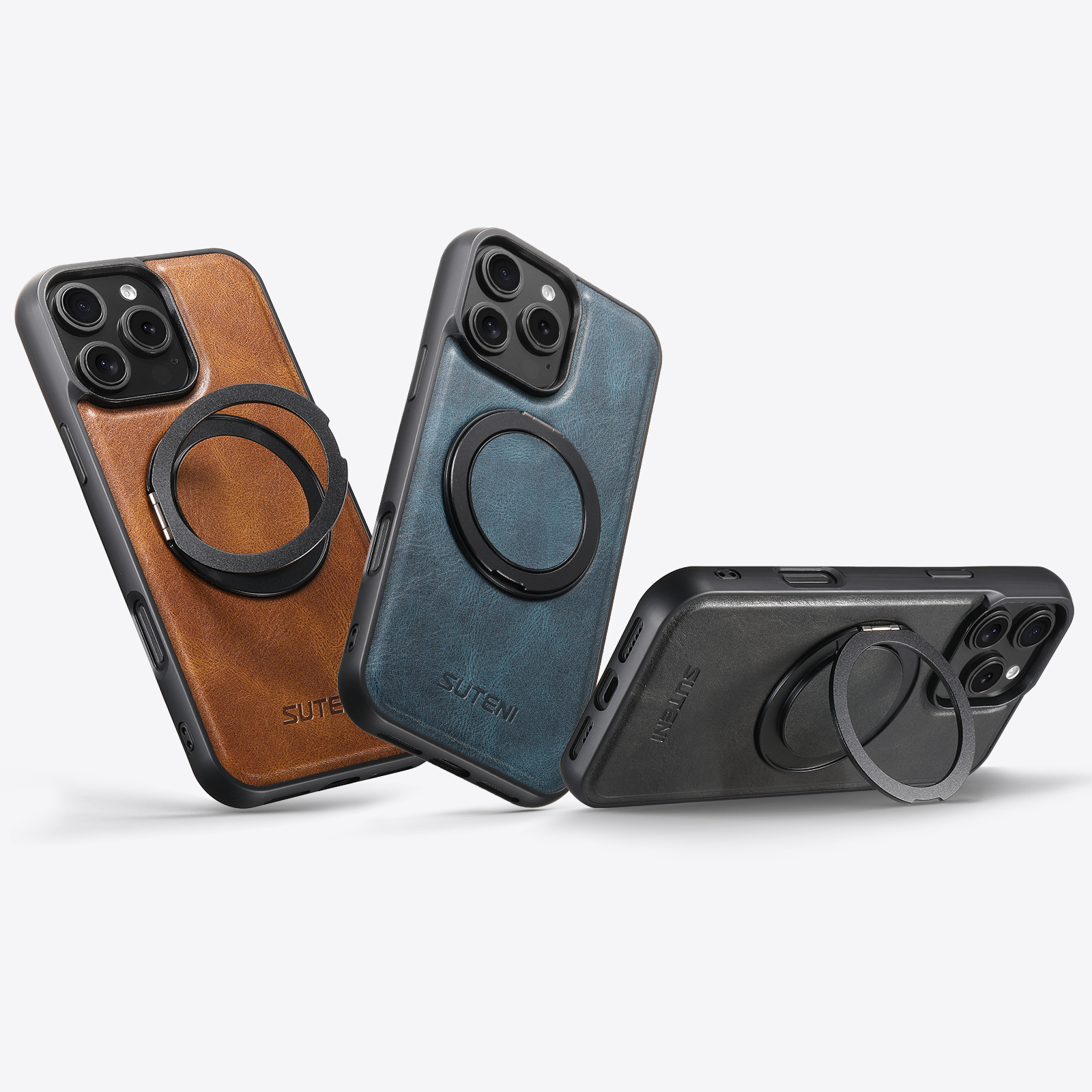 SUTENI G3YL Oil Wax PU Leather Wireless Charging Phone Case 360° Rotating Stand Buckle For iPhone 16 Pro Max 15 Plus 14 Pro 13 12