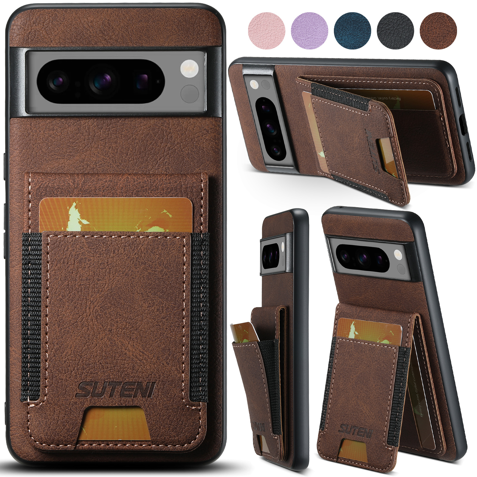 SUTENI H03LZ Luxury PU Leather Card Holder Stand Phone Case Frosted Feel For Google Pixel 9XL 8Pro 7A 6