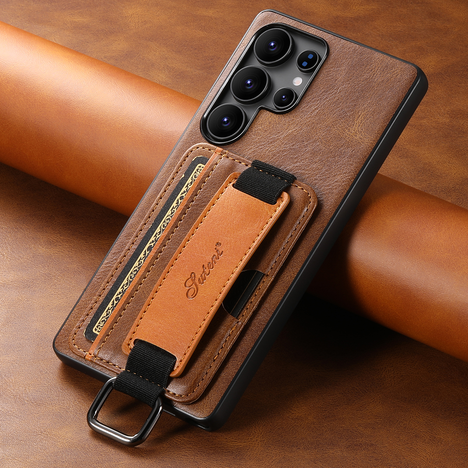 SUTENI H13YL Phone Case Wrist Strap Ring Buckle PU Leather Card Holder Stand For Samsung S25Ultra S24Plus S23 S22 Note20