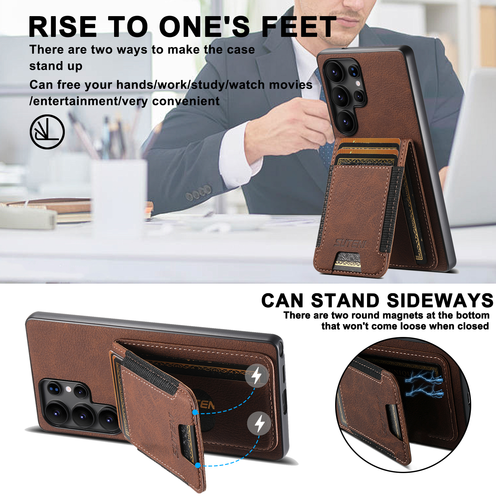 SUTENI H03LZ Luxury PU Leather Card Holder Stand Phone Case Frosted Feel For Samsung S25Ultra S24Plus S23 S22 Note20