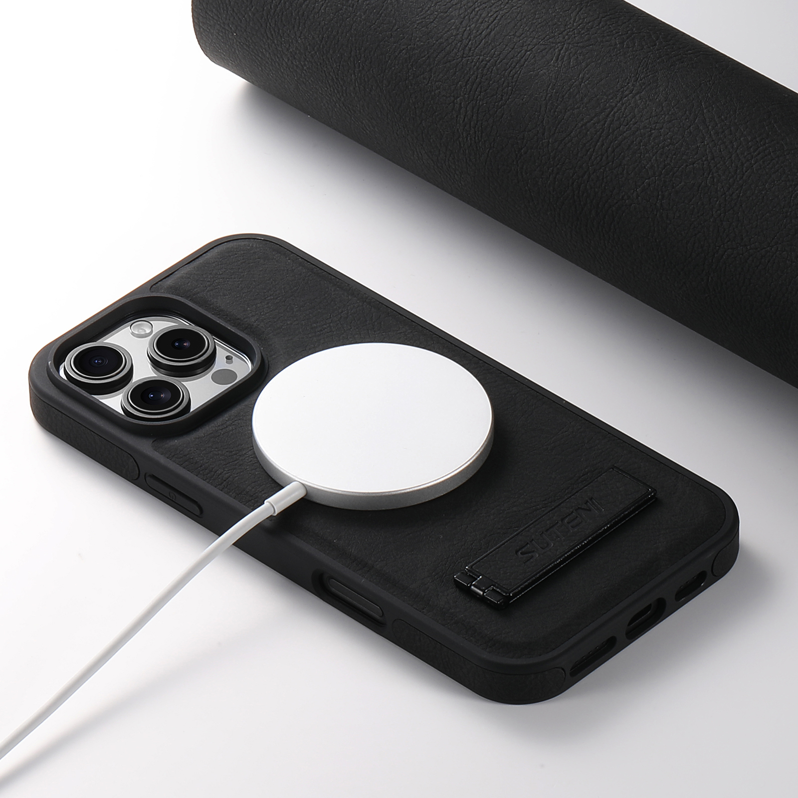 SUTENI G2LZ Luxury PU Leather Phone Case Frosted Feel Stand Magnet Wireless Charging For iPhone 16 Pro Max 15 Plus 14 Pro 13 12