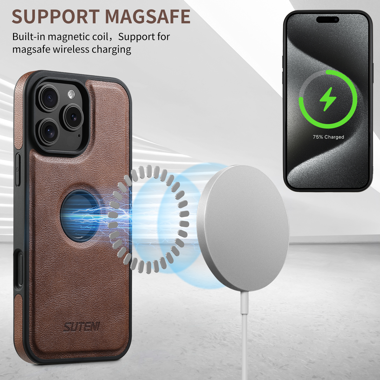SUTENI G1 Magnet Wireless Charging Luxury PU Leather Phone Case For iPhone 16 Pro Max 15 Plus 14 Pro 13 12