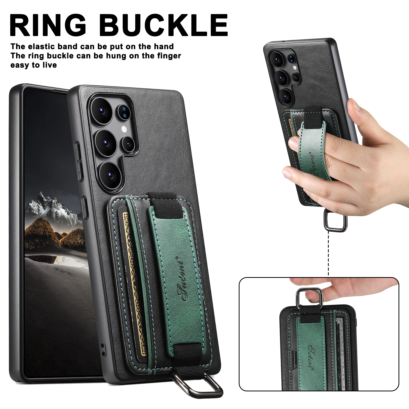 SUTENI H13YL Phone Case Wrist Strap Ring Buckle PU Leather Card Holder Stand For Samsung S25Ultra S24Plus S23 S22 Note20