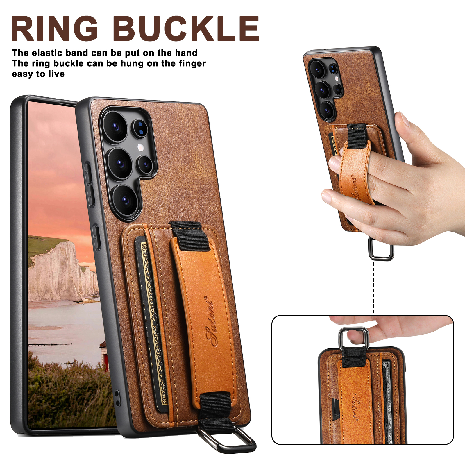 SUTENI H13YL Phone Case Wrist Strap Ring Buckle PU Leather Card Holder Stand For Samsung S25Ultra S24Plus S23 S22 Note20