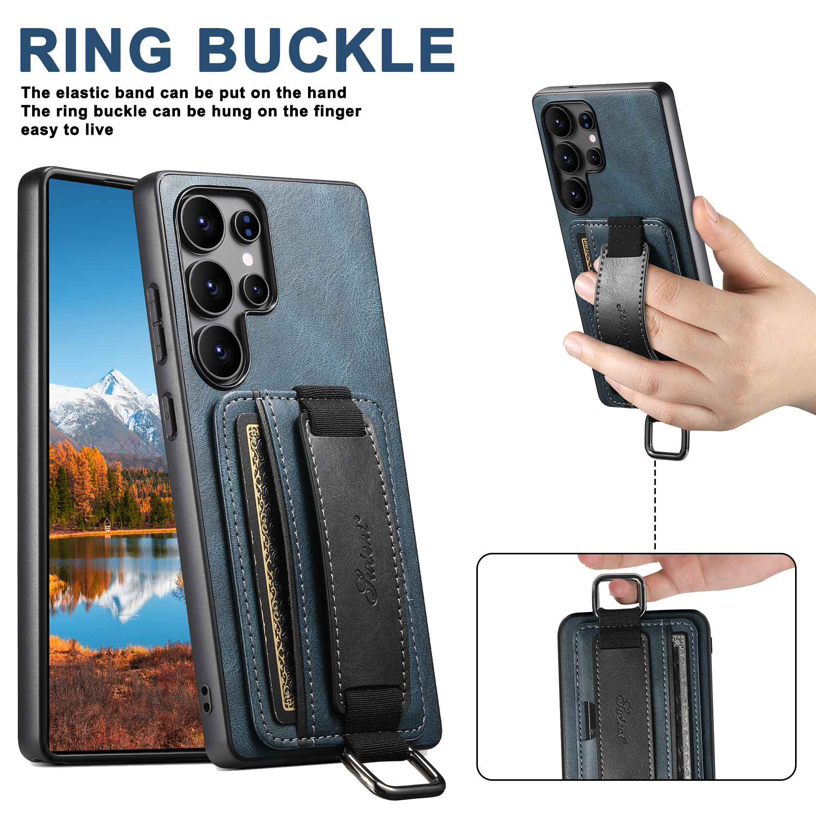 SUTENI H13YL Phone Case Wrist Strap Ring Buckle PU Leather Card Holder Stand For Samsung S25Ultra S24Plus S23 S22 Note20