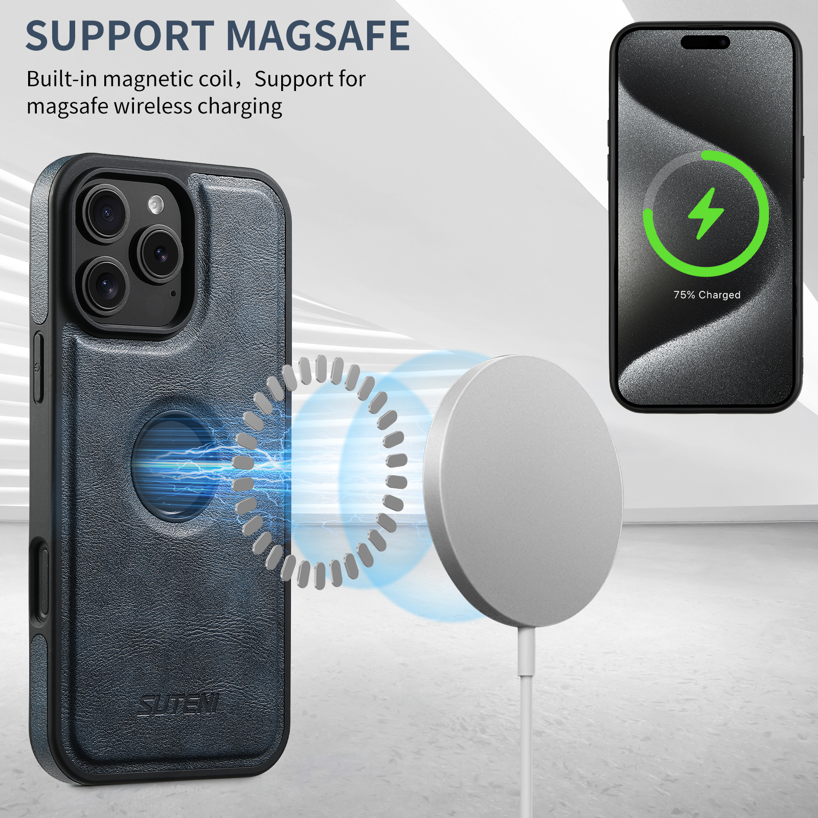 SUTENI G1 Magnet Wireless Charging Luxury PU Leather Phone Case For iPhone 16 Pro Max 15 Plus 14 Pro 13 12
