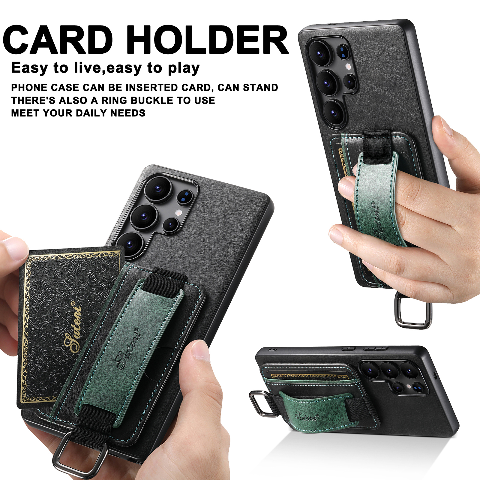 SUTENI H13YL Phone Case Wrist Strap Ring Buckle PU Leather Card Holder Stand For Samsung S25Ultra S24Plus S23 S22 Note20