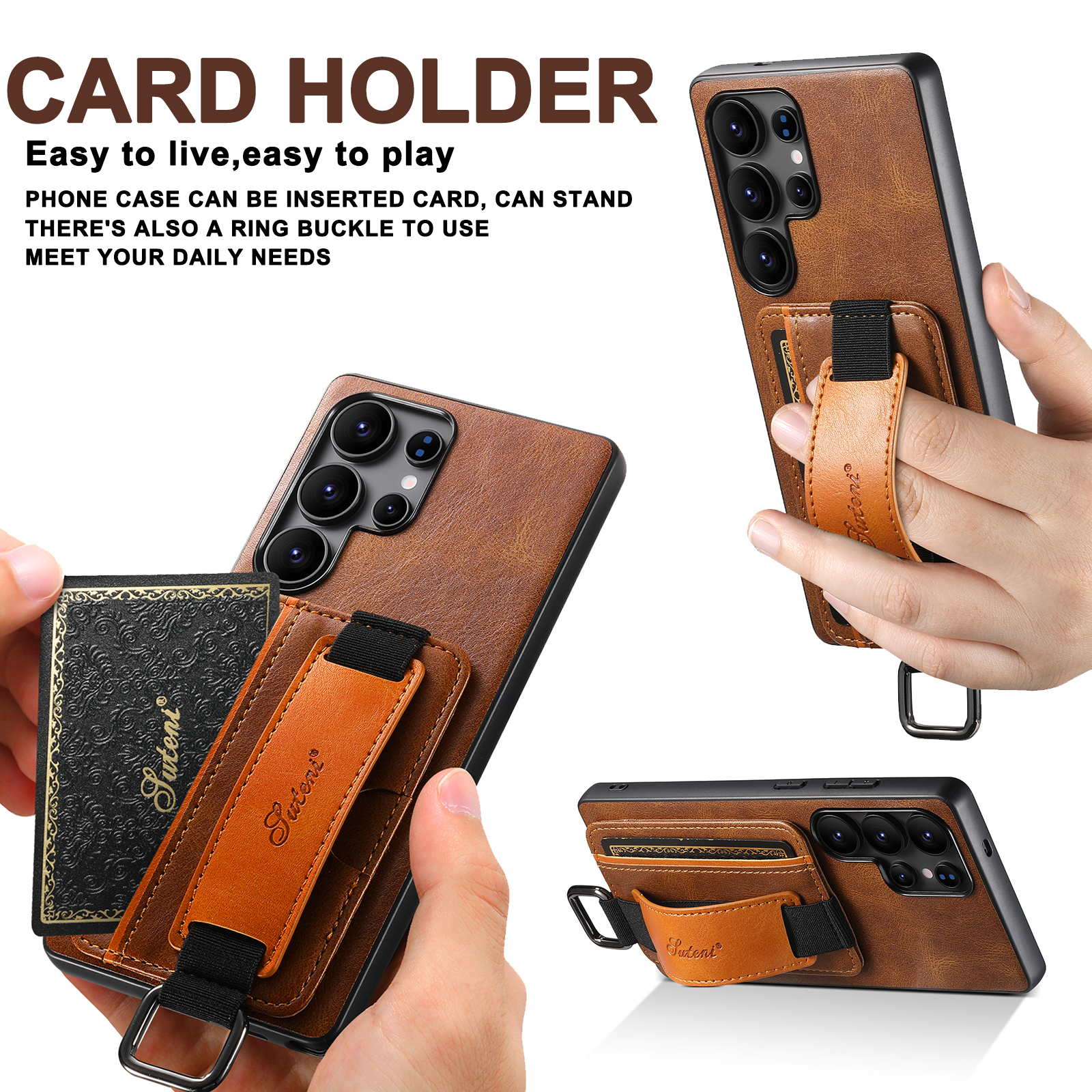 SUTENI H13YL Phone Case Wrist Strap Ring Buckle PU Leather Card Holder Stand For Samsung S25Ultra S24Plus S23 S22 Note20