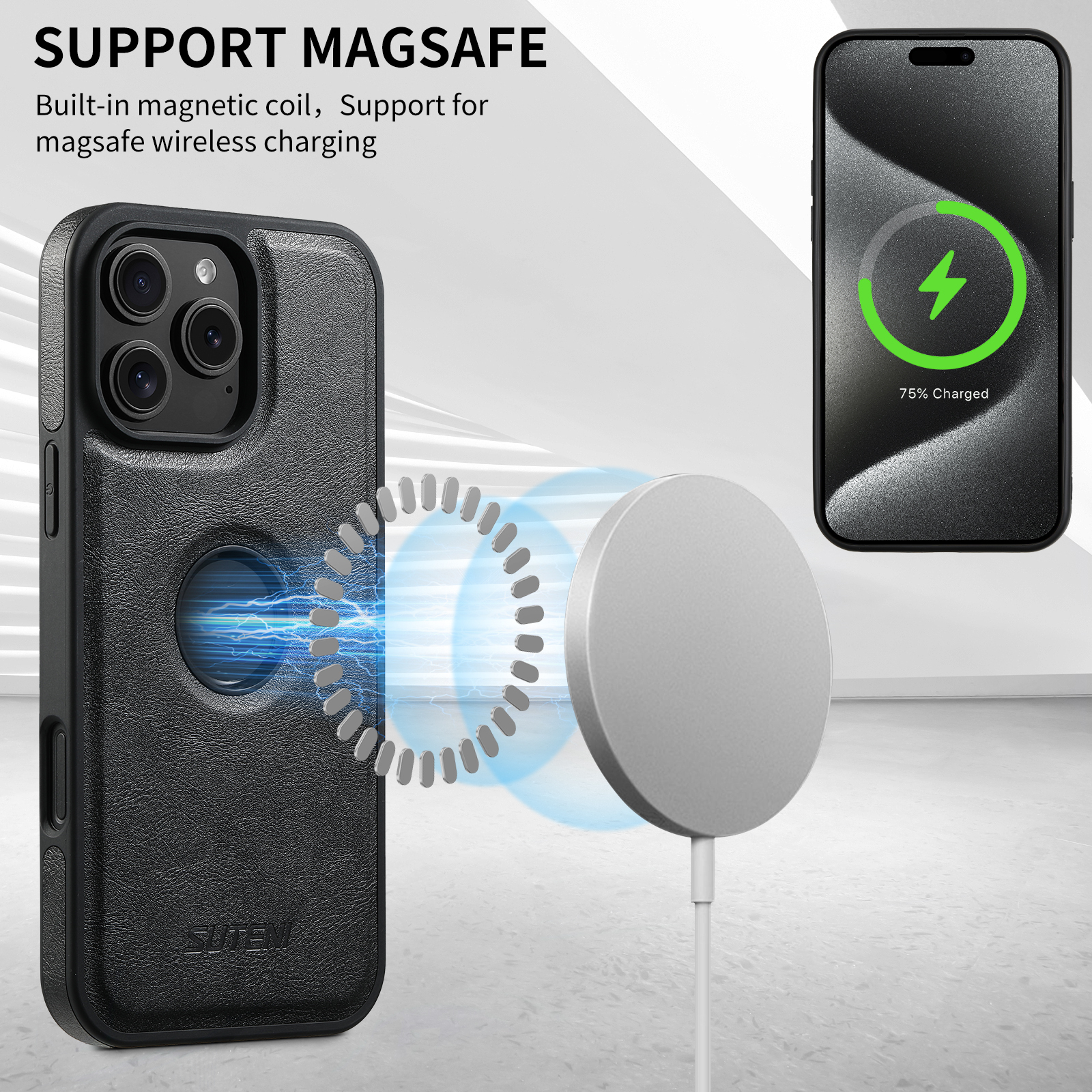 SUTENI G1 Magnet Wireless Charging Luxury PU Leather Phone Case For iPhone 16 Pro Max 15 Plus 14 Pro 13 12