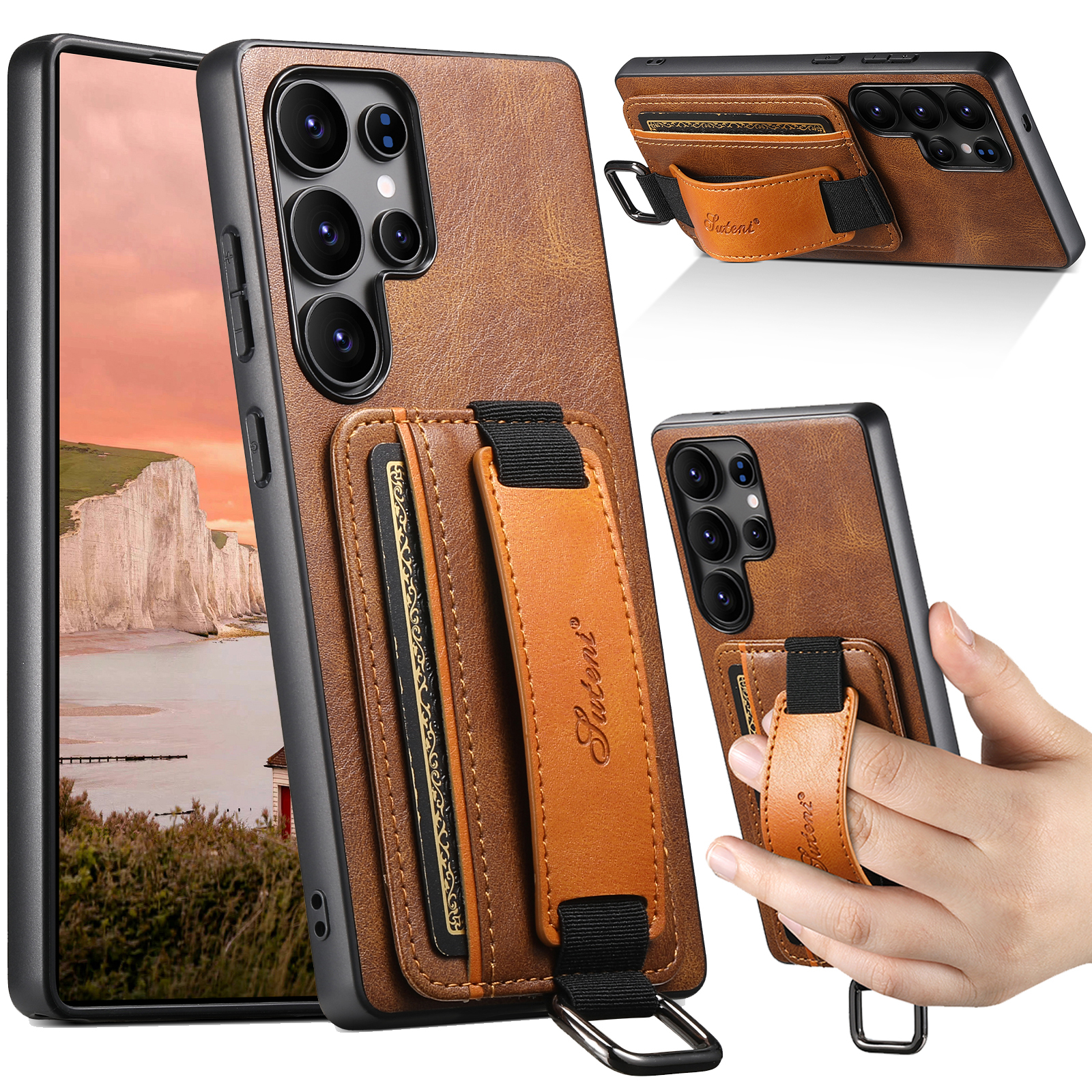 SUTENI H13YL Phone Case Wrist Strap Ring Buckle PU Leather Card Holder Stand For Samsung S25Ultra S24Plus S23 S22 Note20