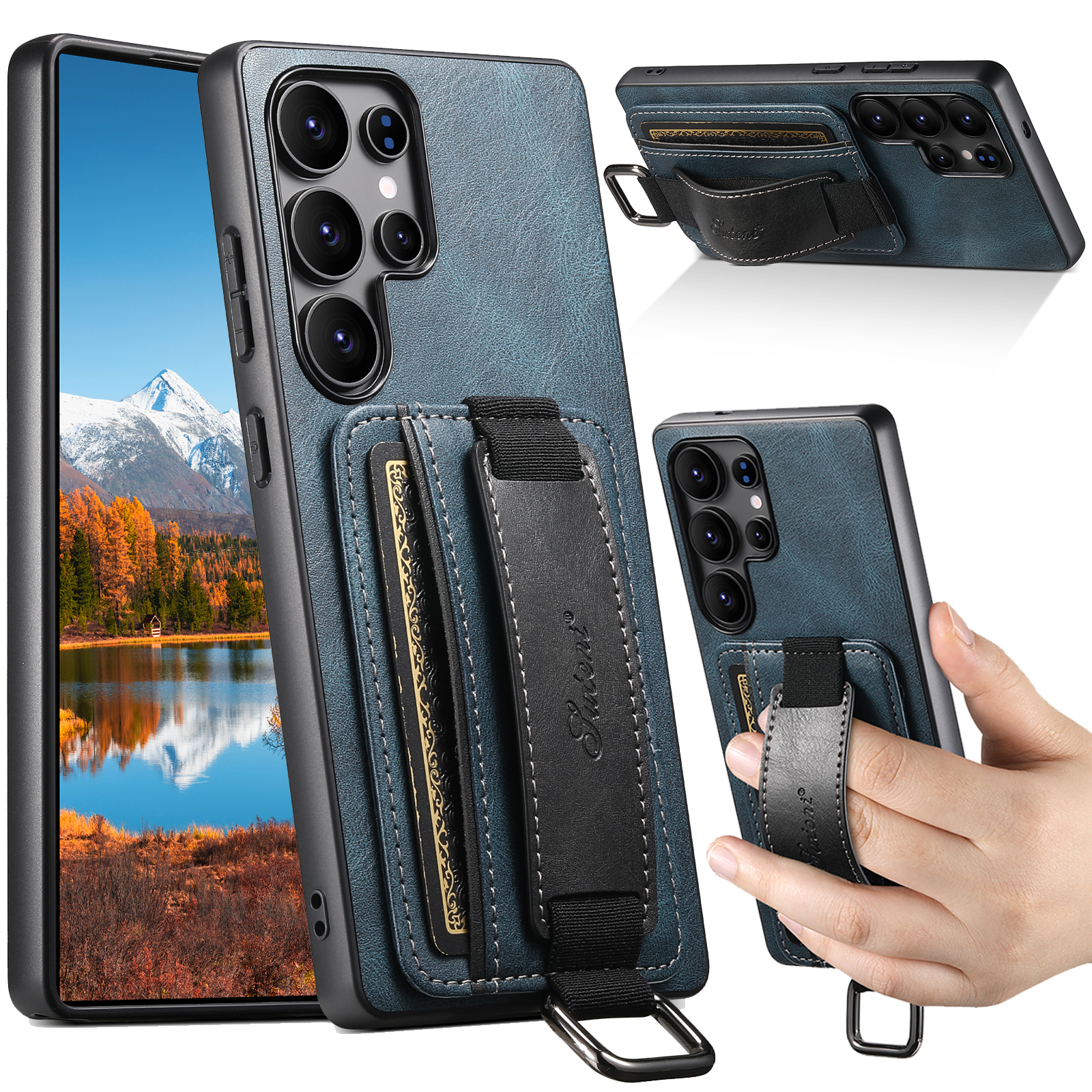 SUTENI H13YL Phone Case Wrist Strap Ring Buckle PU Leather Card Holder Stand For Samsung S25Ultra S24Plus S23 S22 Note20