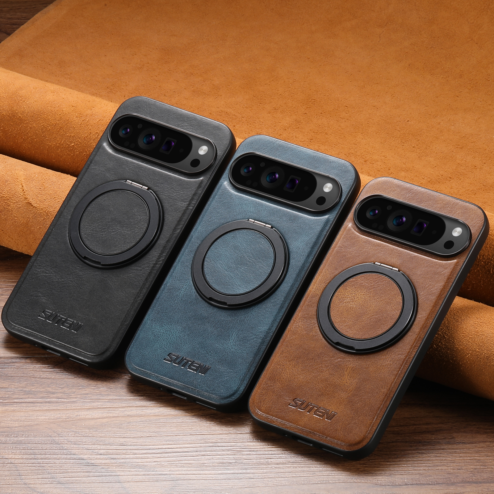 SUTENI G3YL PU Leather Oil Wax Magnet Wireless Charging Phone Case 360° Rotating Stand Buckle For Google Pixel 9XL 8Pro 7A 6