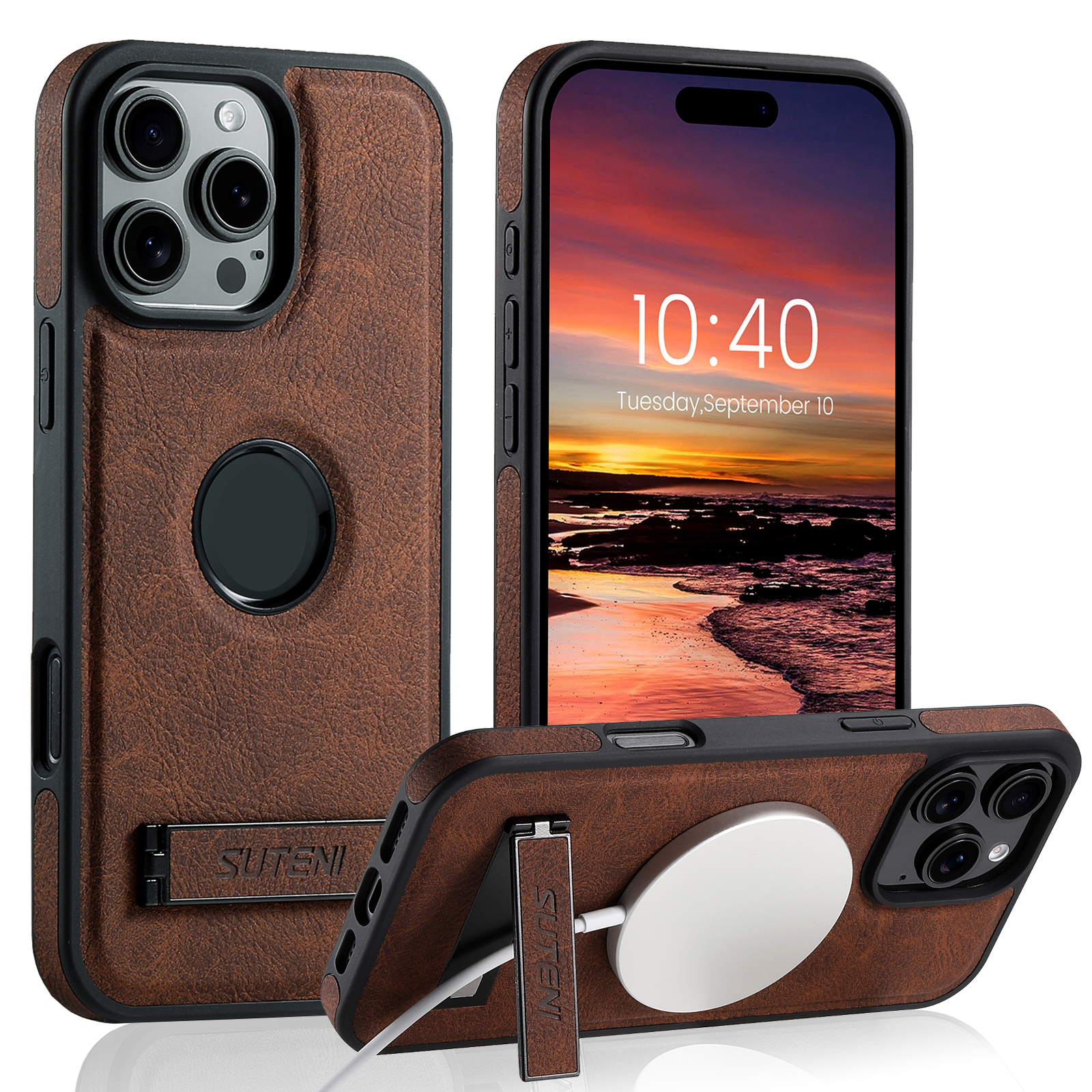 SUTENI G2LZ Luxury PU Leather Phone Case Frosted Feel Stand Magnet Wireless Charging For iPhone 16 Pro Max 15 Plus 14 Pro 13 12