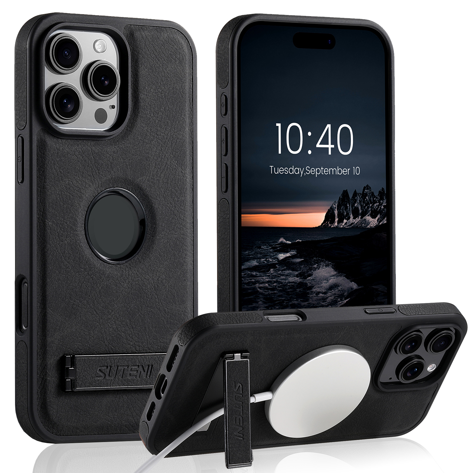 SUTENI G2LZ Luxury PU Leather Phone Case Frosted Feel Stand Magnet Wireless Charging For iPhone 16 Pro Max 15 Plus 14 Pro 13 12