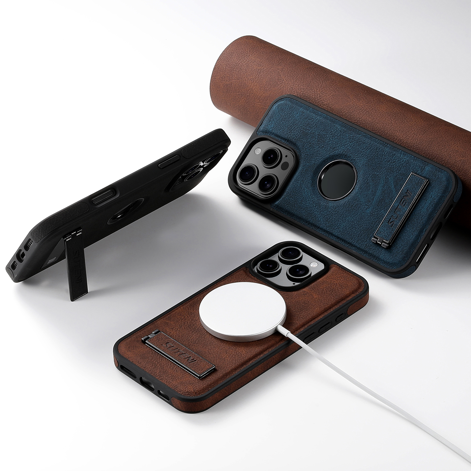 SUTENI G2LZ Luxury PU Leather Phone Case Frosted Feel Stand Magnet Wireless Charging For iPhone 16 Pro Max 15 Plus 14 Pro 13 12
