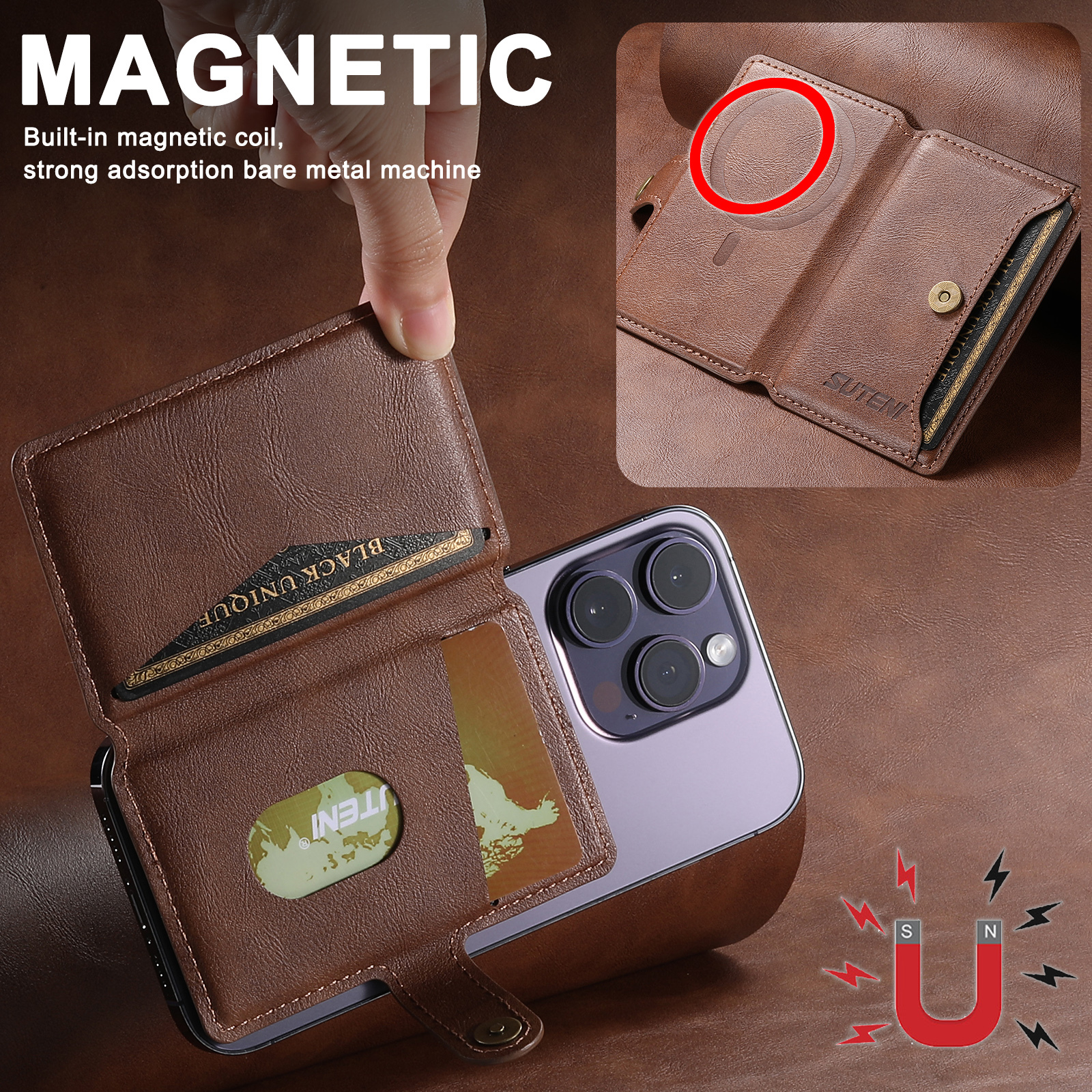 SUTENI S1 Luxury PU Leather Flip Pocket Card Storage Magnet Mobile Phone Wallet