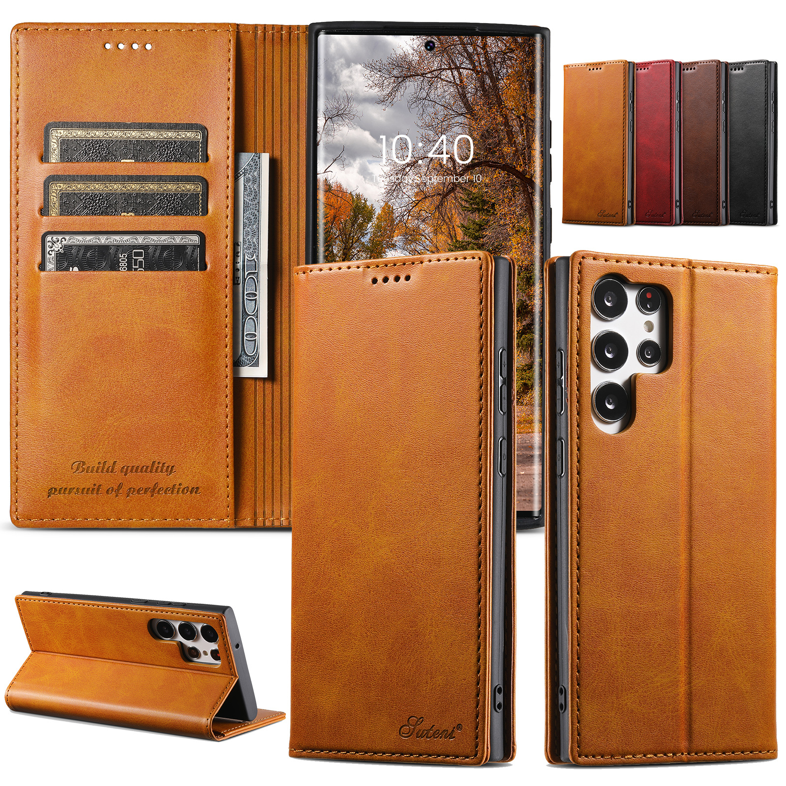SUTENI J01 PU Leather Card Holder Stand Wallet Magnet Flip Cover Phone Case For Samsung S24Plus S23Ultra S22 Note20