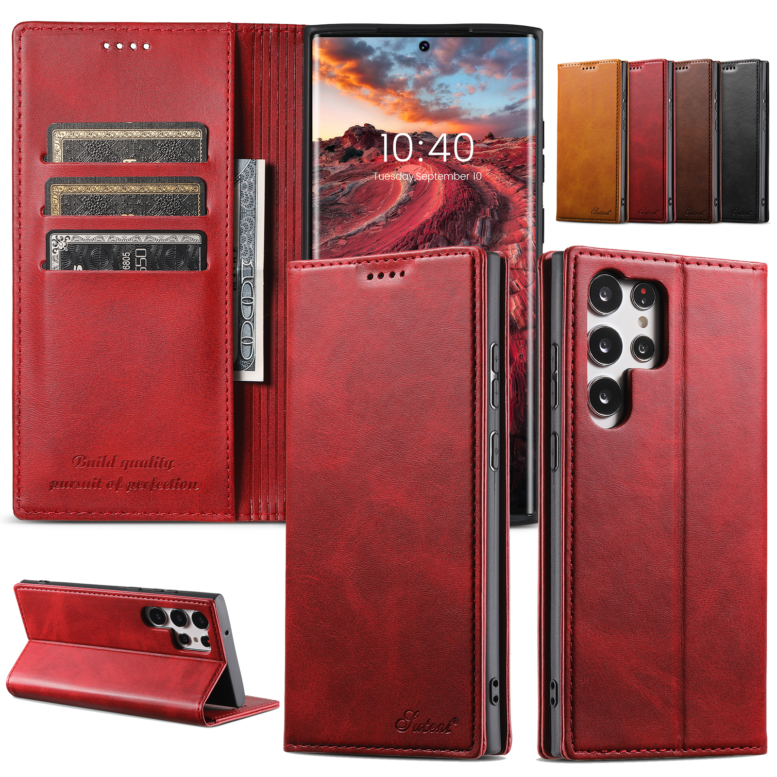 SUTENI J01 PU Leather Card Holder Stand Wallet Magnet Flip Cover Phone Case For Samsung S24Plus S23Ultra S22 Note20