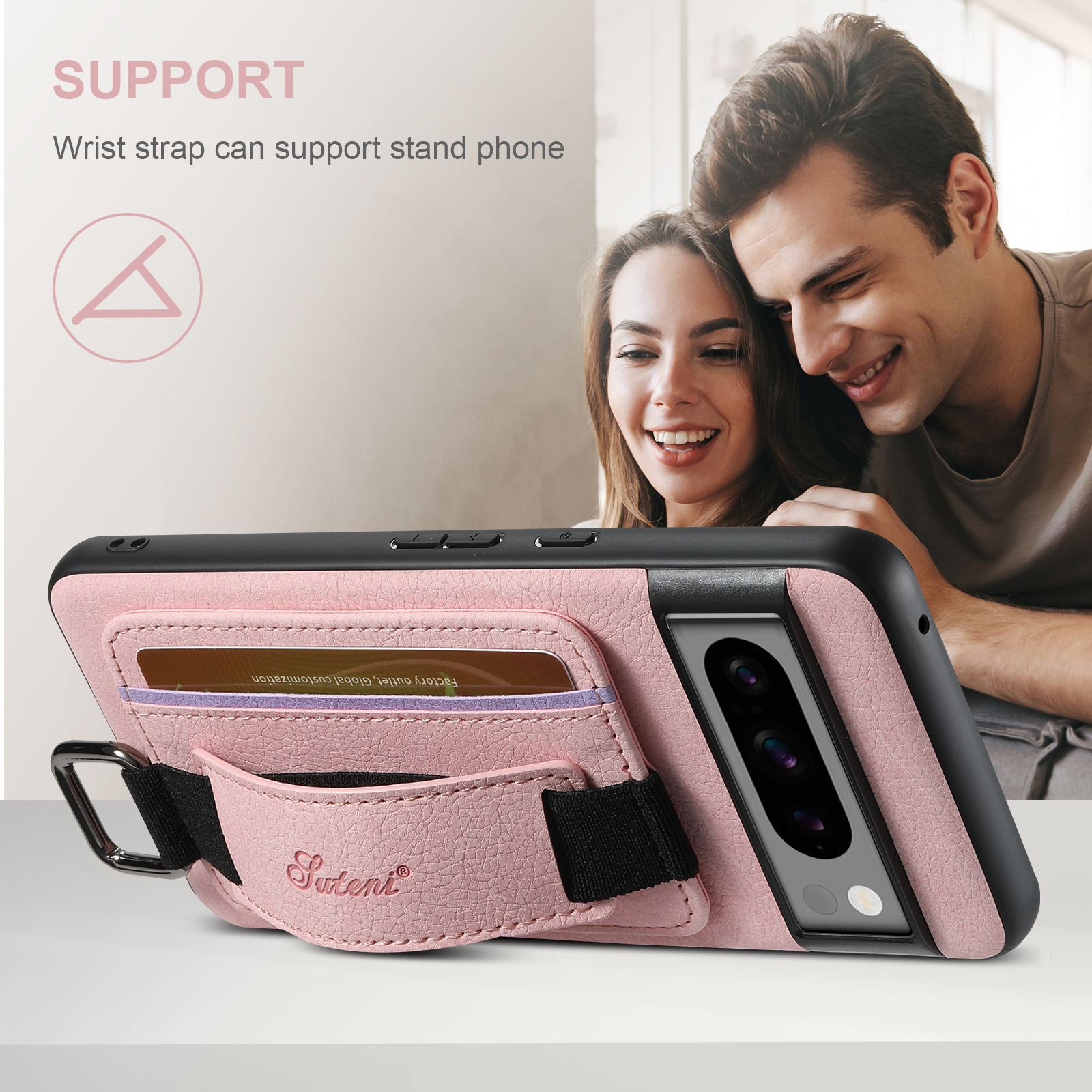 SUTENI H13LZ Faux Leather Phone Case Wrist Strap Ring Buckle Card Holder Stand For Google Pixel 10ProXL 9 8A 7 6